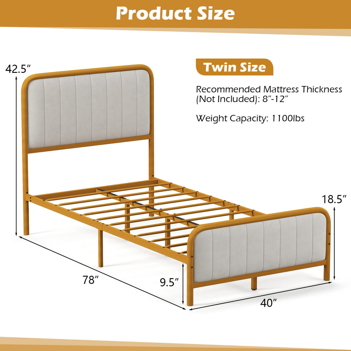 Upholstered Gold Platform Bed Frame with Velvet Headboard-Twin Size-Simple Bed Frame-DECOROLALA