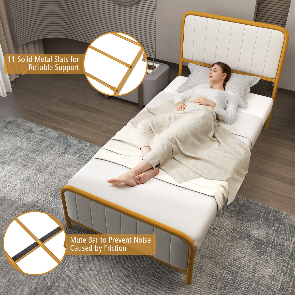 Upholstered Gold Platform Bed Frame with Velvet Headboard-Twin Size-Simple Bed Frame-DECOROLALA