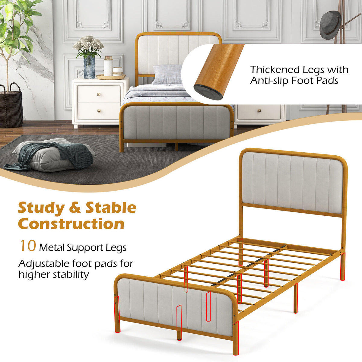 Upholstered Gold Platform Bed Frame with Velvet Headboard-Twin Size-Simple Bed Frame-DECOROLALA