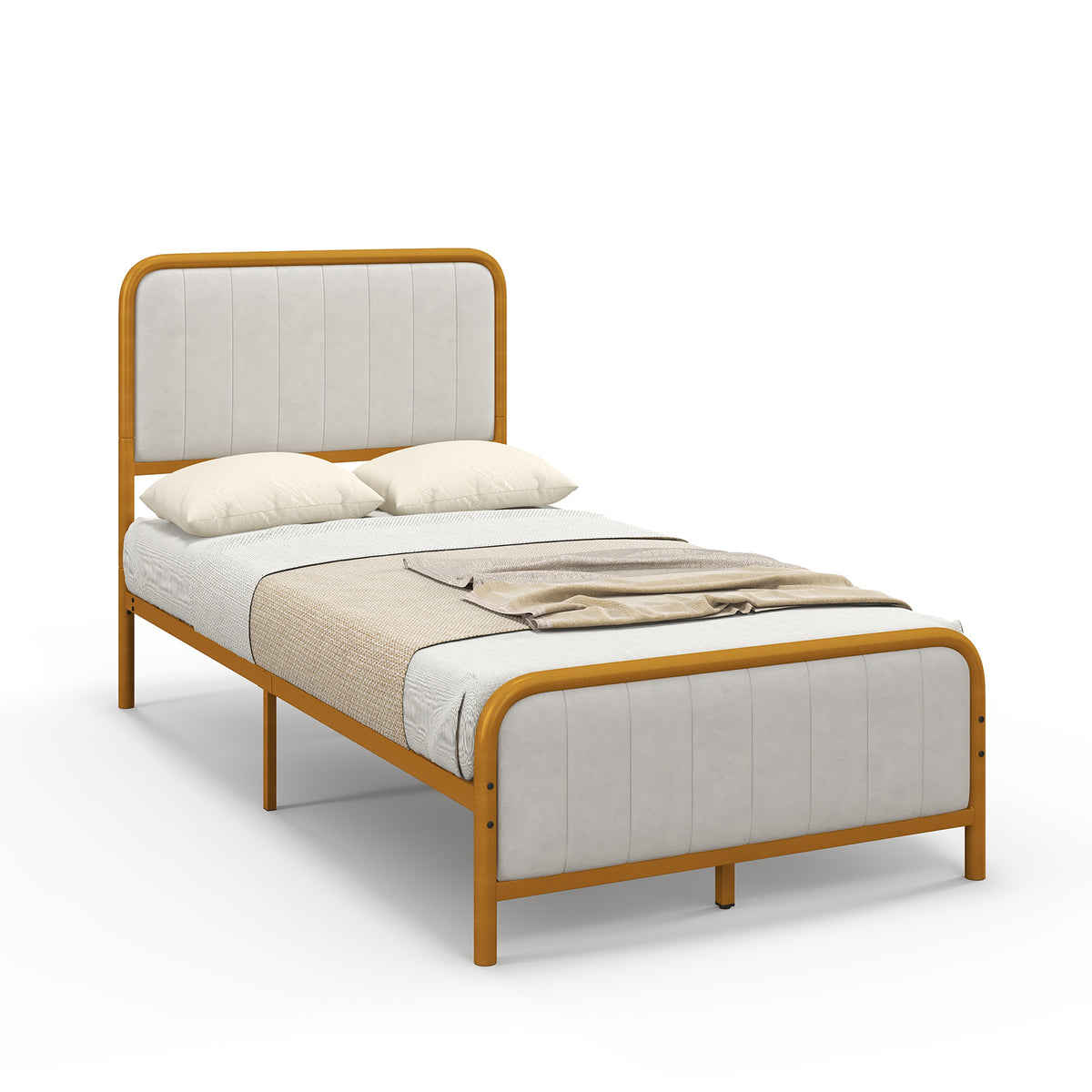 Upholstered Gold Platform Bed Frame with Velvet Headboard-Twin Size-Simple Bed Frame-DECOROLALA