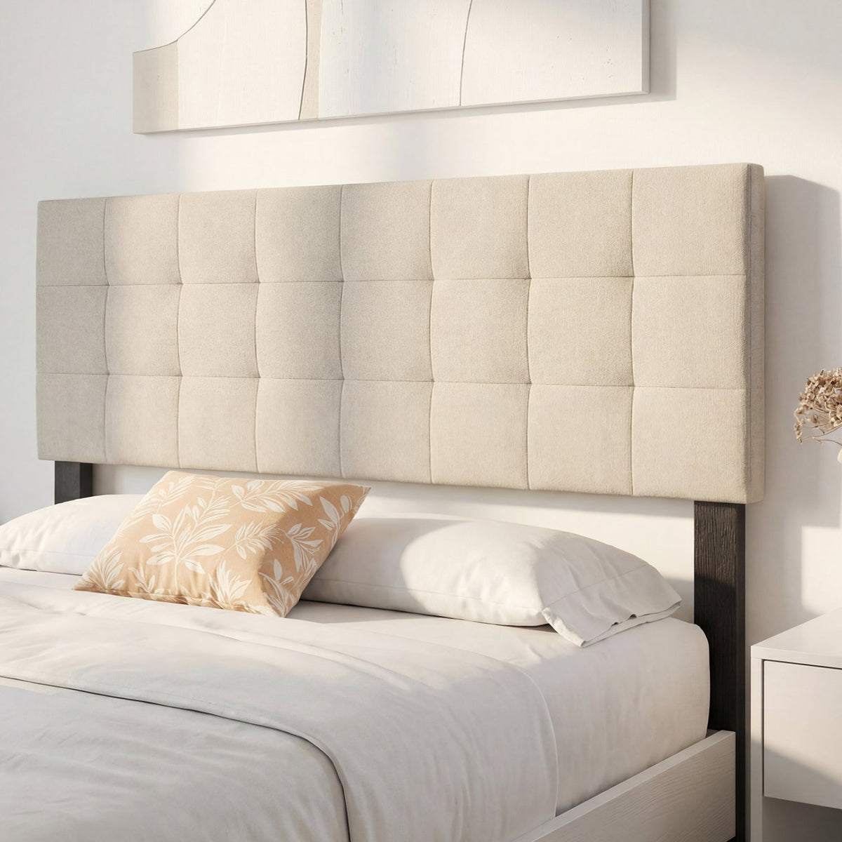 Upholstered Headboard - Queen/Full Size Grid Quilted Linen Fabric-Headboards-DECOROLALA