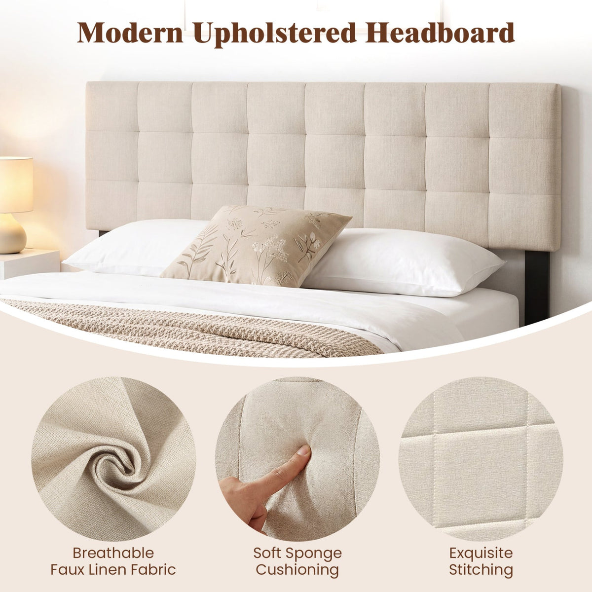 Upholstered Headboard - Queen/Full Size Grid Quilted Linen Fabric-Headboards-DECOROLALA