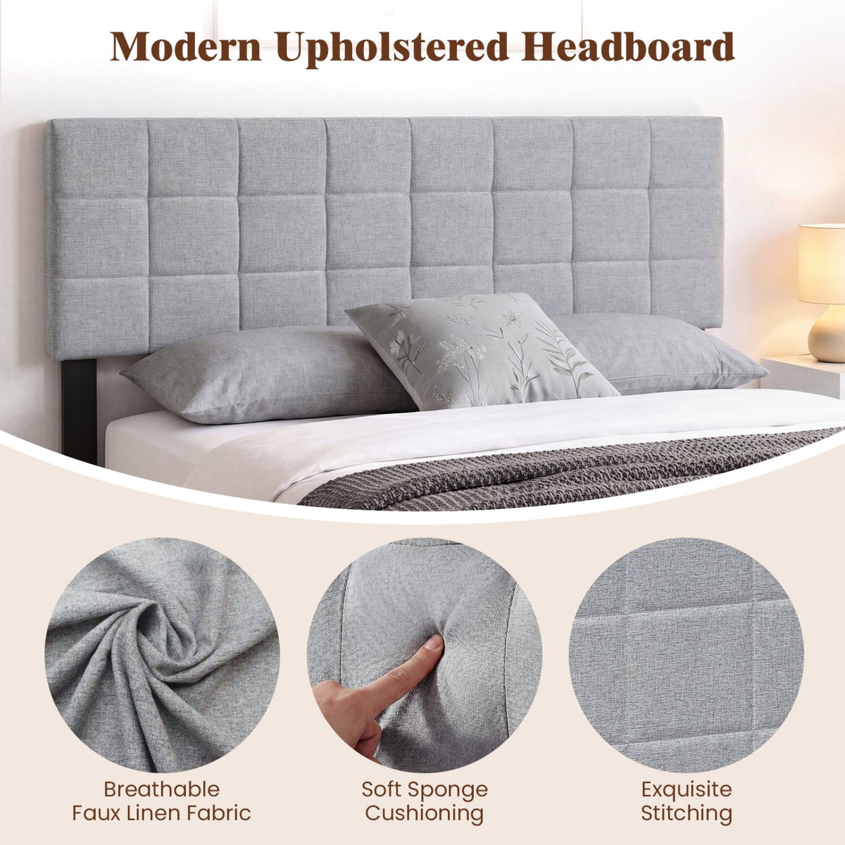 Upholstered Headboard - Queen/Full Size Grid Quilted Linen Fabric-Headboards-DECOROLALA