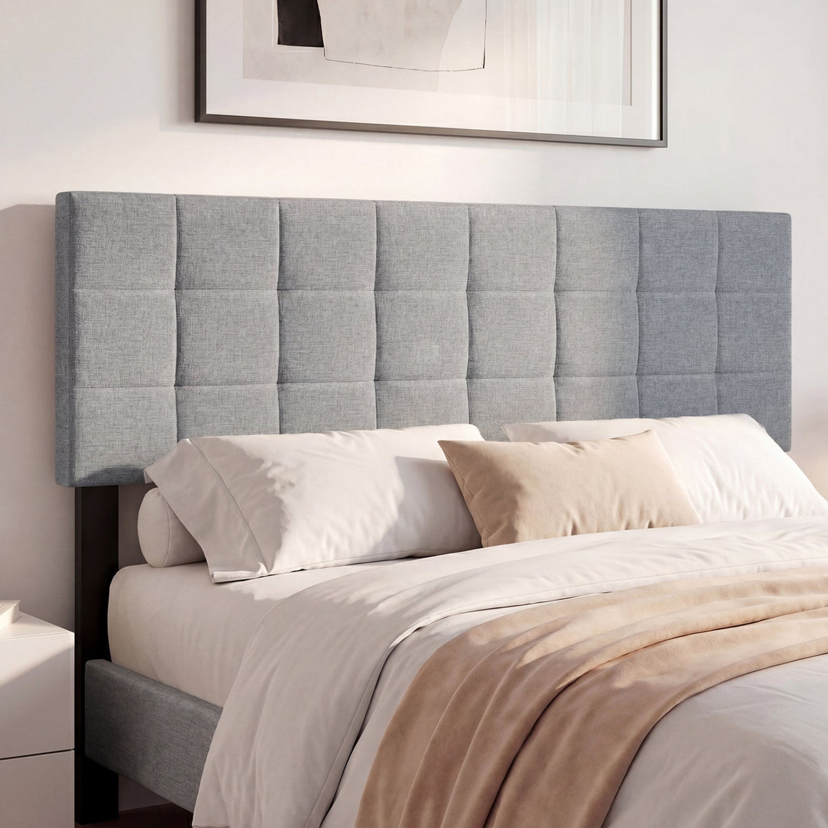 Upholstered Headboard - Queen/Full Size Grid Quilted Linen Fabric-Headboards-DECOROLALA