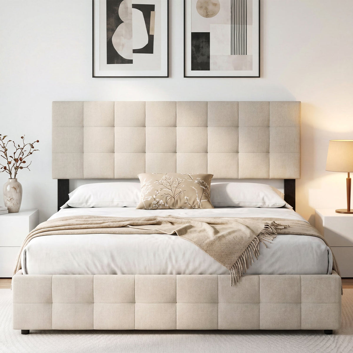 Upholstered Headboard - Queen/Full Size Grid Quilted Linen Fabric-Headboards-DECOROLALA