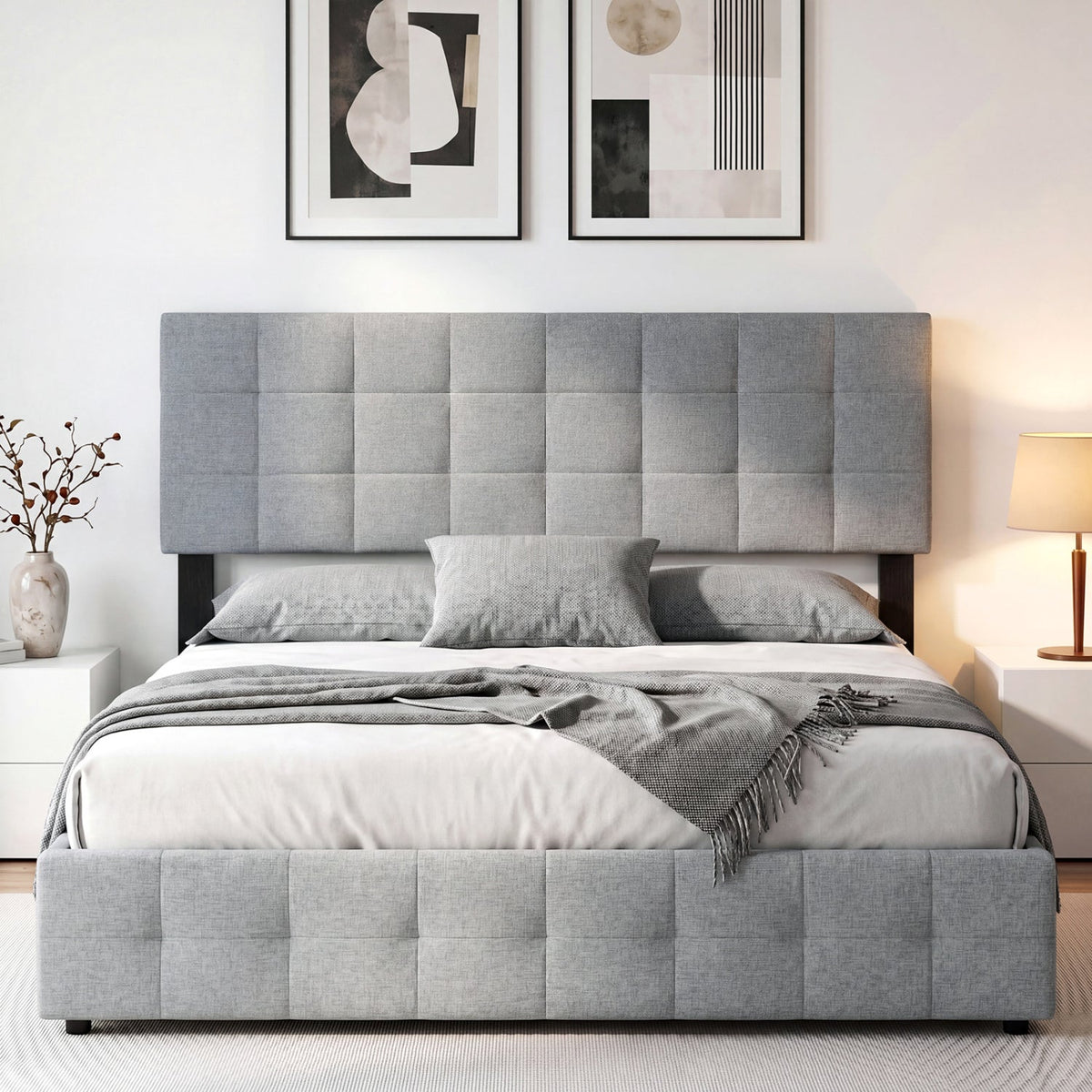 Upholstered Headboard - Queen/Full Size Grid Quilted Linen Fabric-Headboards-DECOROLALA