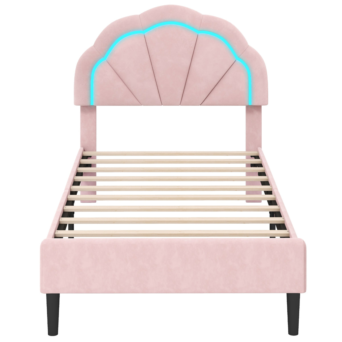 Upholstered LED Bed Frame with Adjustable Flower Headboard and Metal Support Feet Pink-Trundle Bed Frame-DECOROLALA