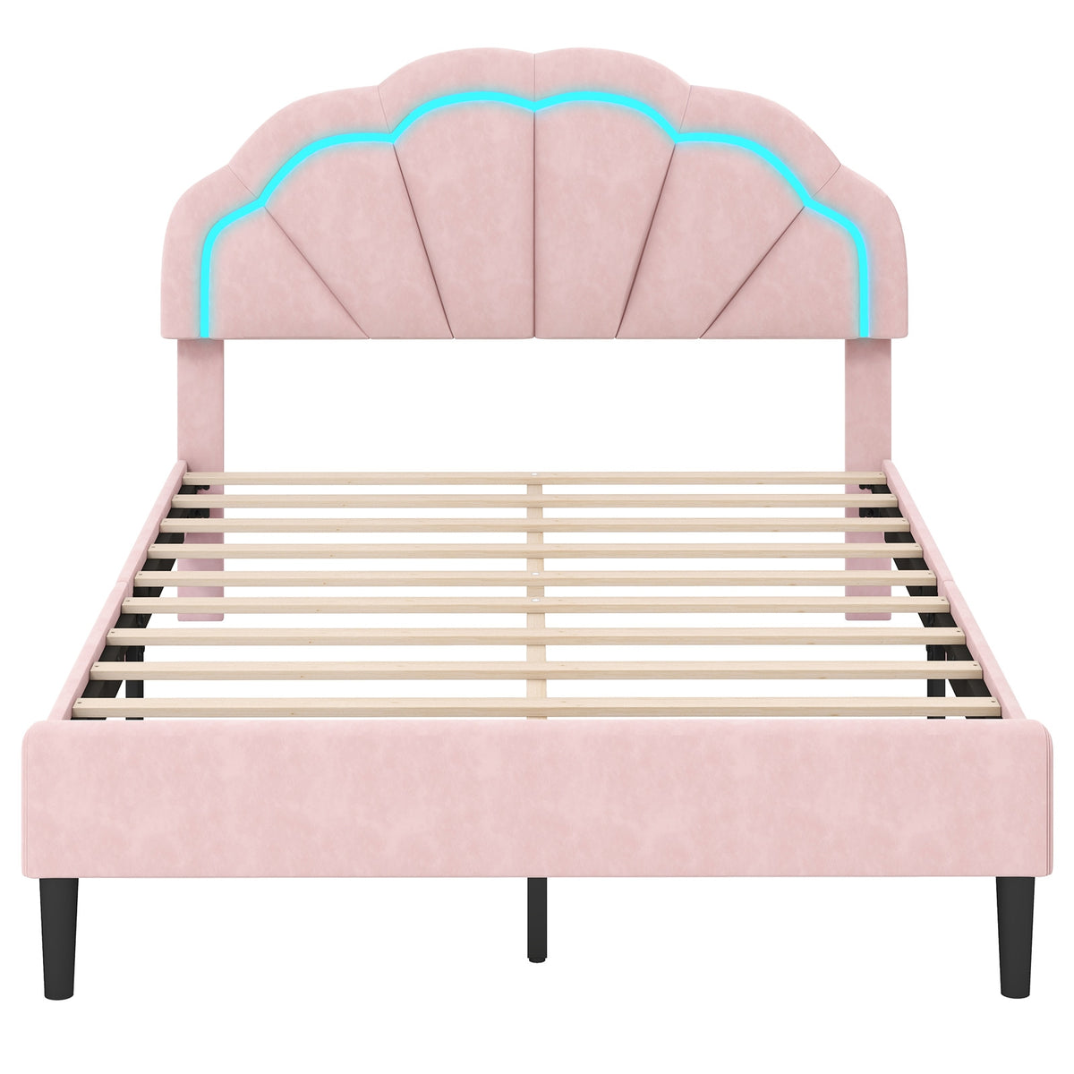 Upholstered LED Bed Frame with Adjustable Flower Headboard and Metal Support Feet Pink-Trundle Bed Frame-DECOROLALA