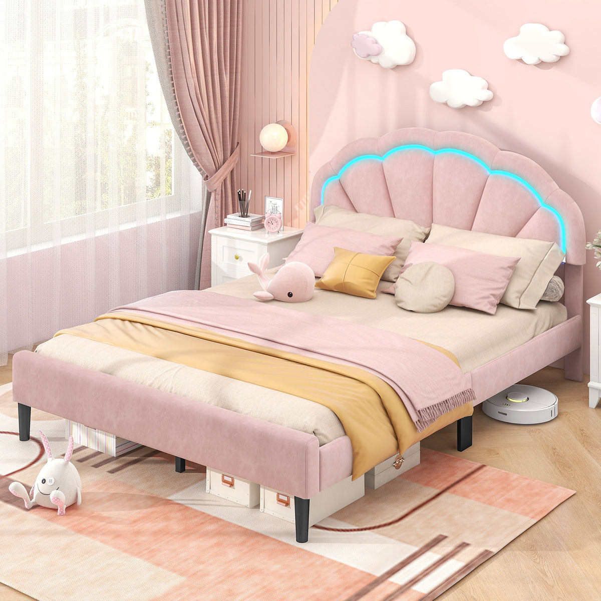 Upholstered LED Bed Frame with Adjustable Flower Headboard and Metal Support Feet Pink-Trundle Bed Frame-DECOROLALA