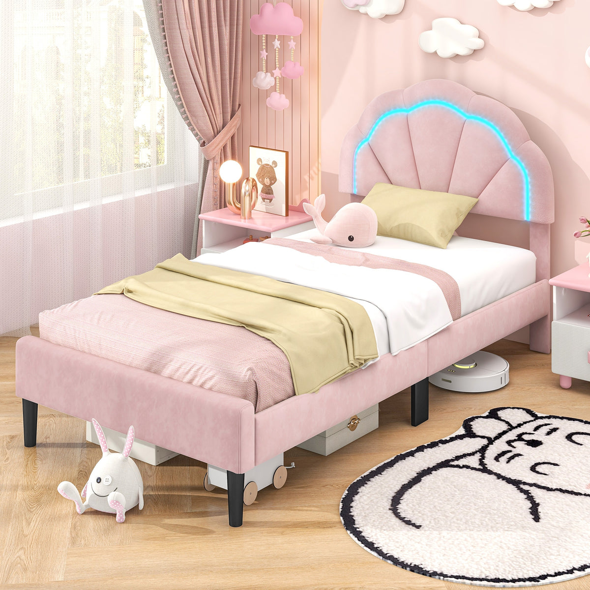Upholstered LED Bed Frame with Adjustable Flower Headboard and Metal Support Feet Pink-Trundle Bed Frame-DECOROLALA