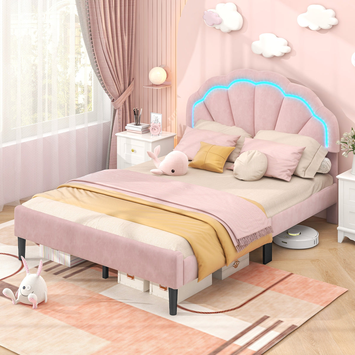 Upholstered LED Bed Frame with Adjustable Flower Headboard and Metal Support Feet Pink-Trundle Bed Frame-DECOROLALA