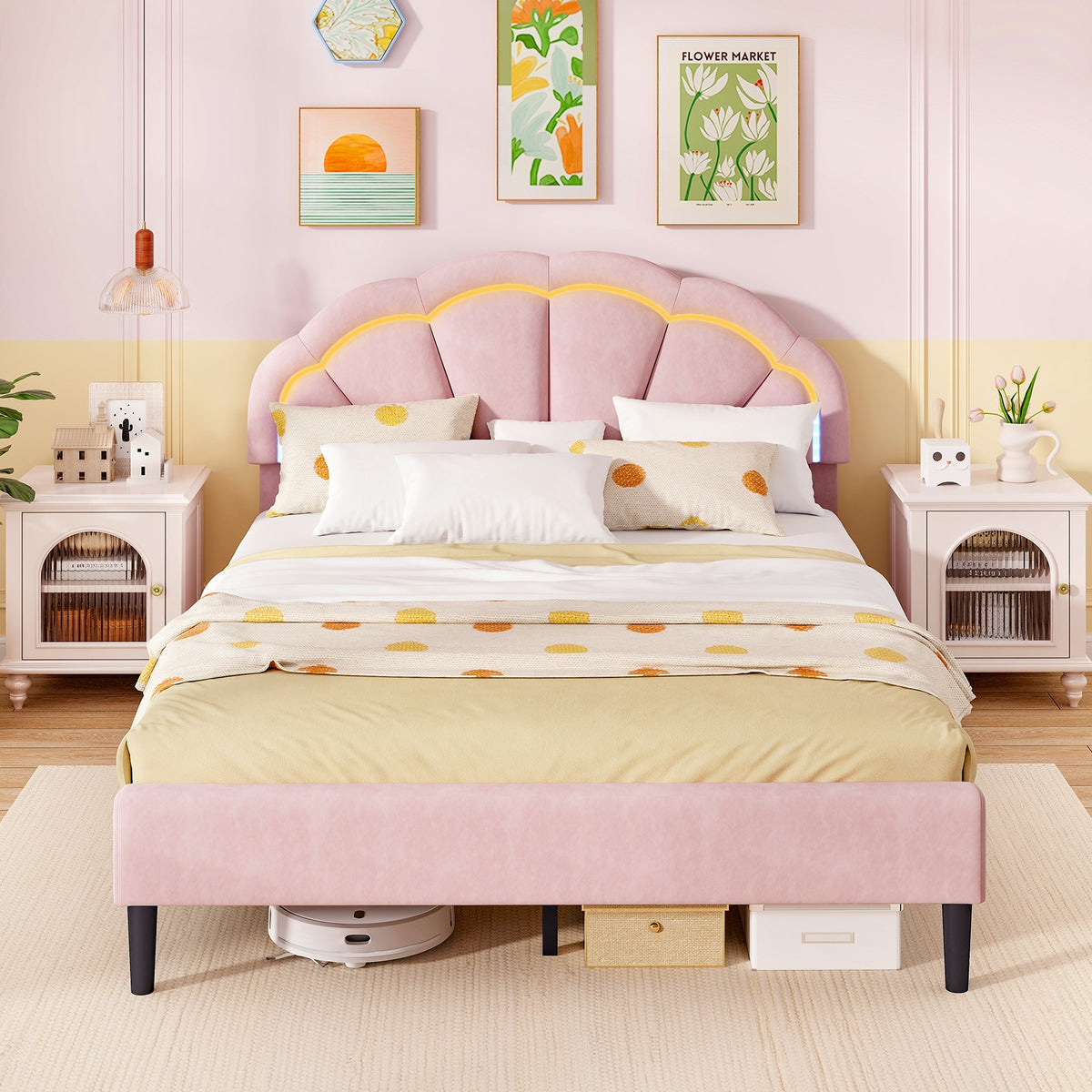 Upholstered LED Bed Frame with Adjustable Flower Headboard and Metal Support Feet Pink-Trundle Bed Frame-DECOROLALA