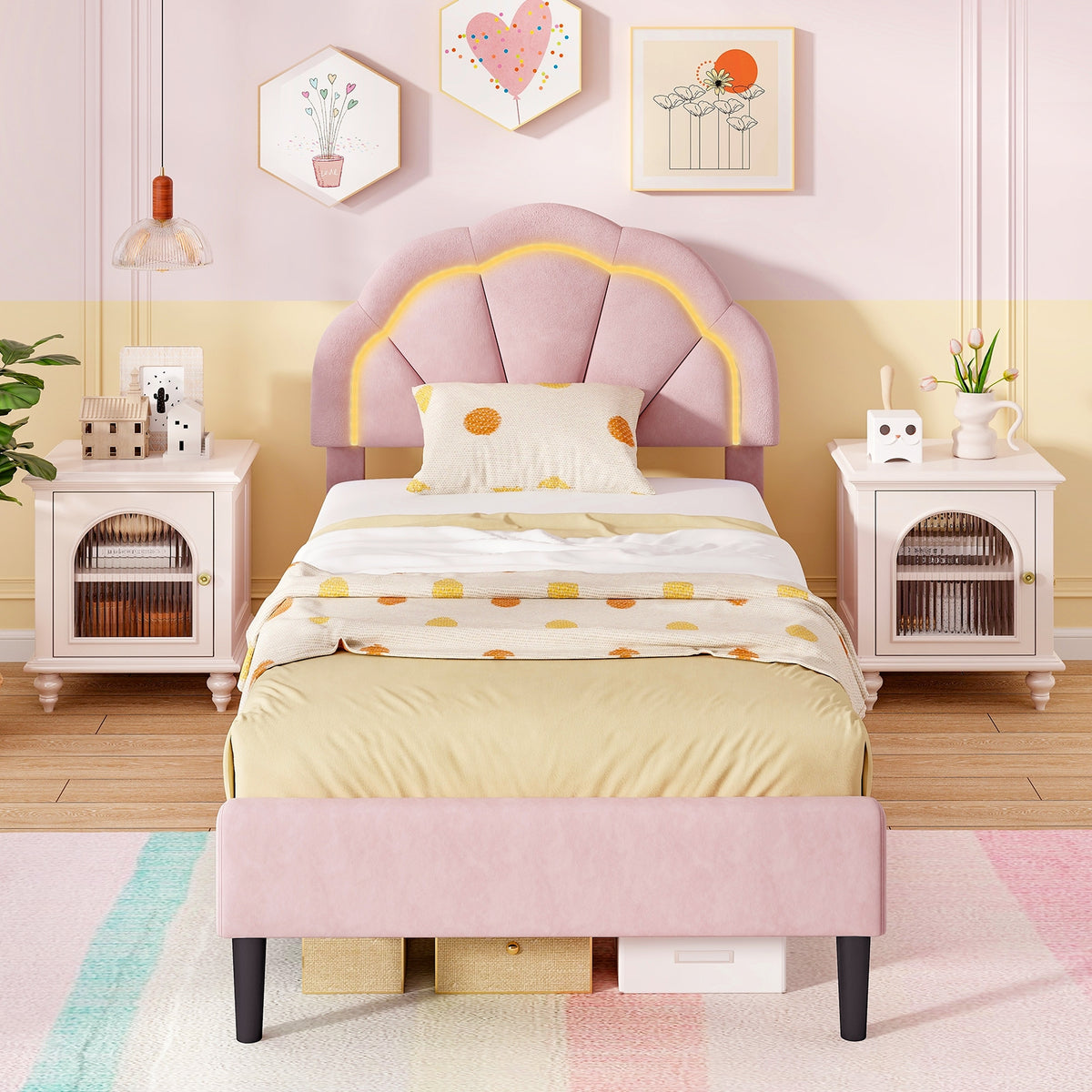 Upholstered LED Bed Frame with Adjustable Flower Headboard and Metal Support Feet Pink-Trundle Bed Frame-DECOROLALA