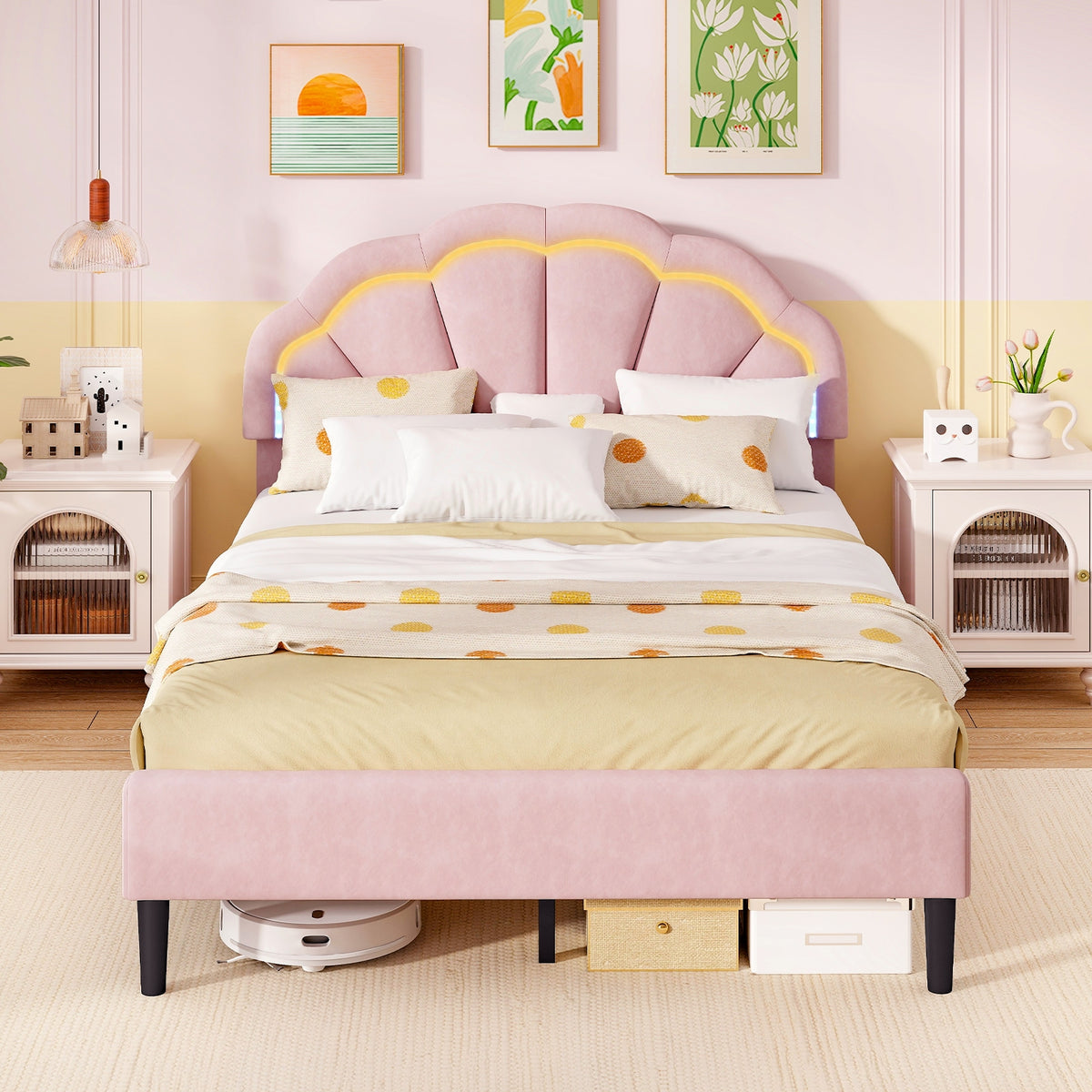 Upholstered LED Bed Frame with Adjustable Flower Headboard and Metal Support Feet Pink-Trundle Bed Frame-DECOROLALA