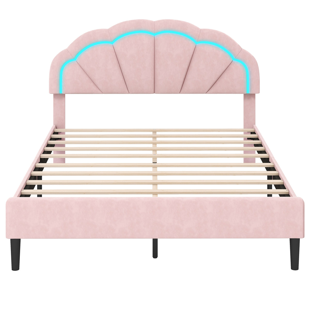 Upholstered LED Bed Frame with Adjustable Flower Headboard and Metal Support Feet Pink-Trundle Bed Frame-DECOROLALA