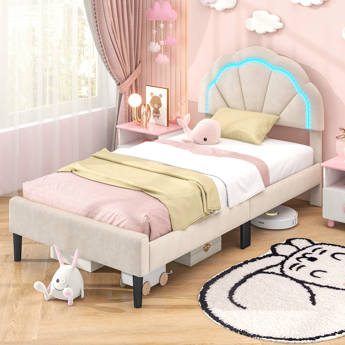 Upholstered LED Bed Frame with Adjustable Flower Headboard and Metal Support Feet-Trundle Bed Frame-DECOROLALA