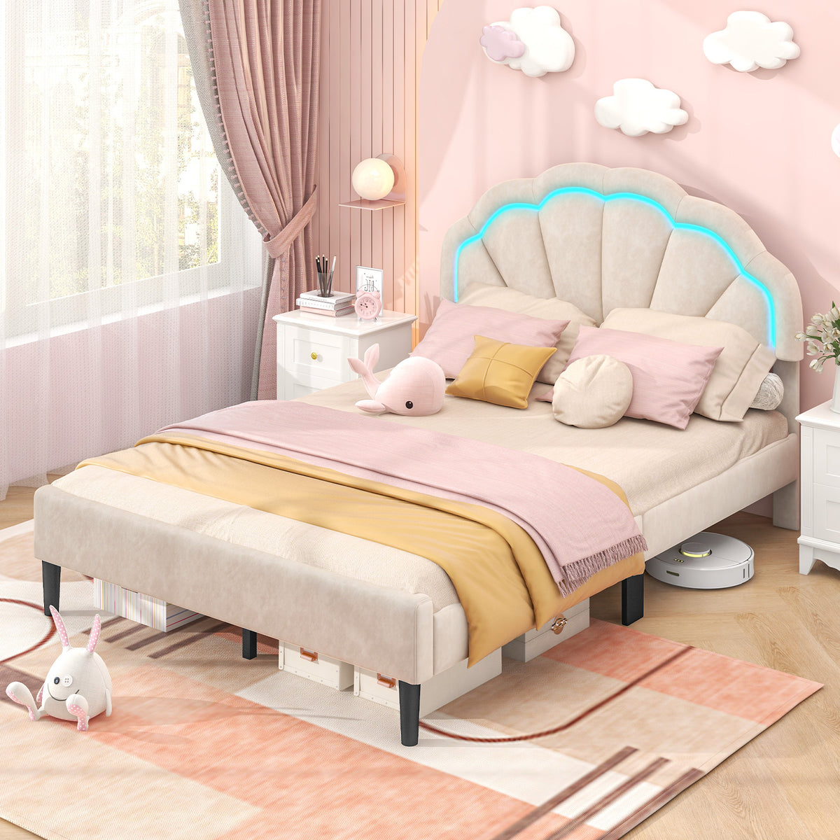 Upholstered LED Bed Frame with Adjustable Flower Headboard and Metal Support Feet-Trundle Bed Frame-DECOROLALA