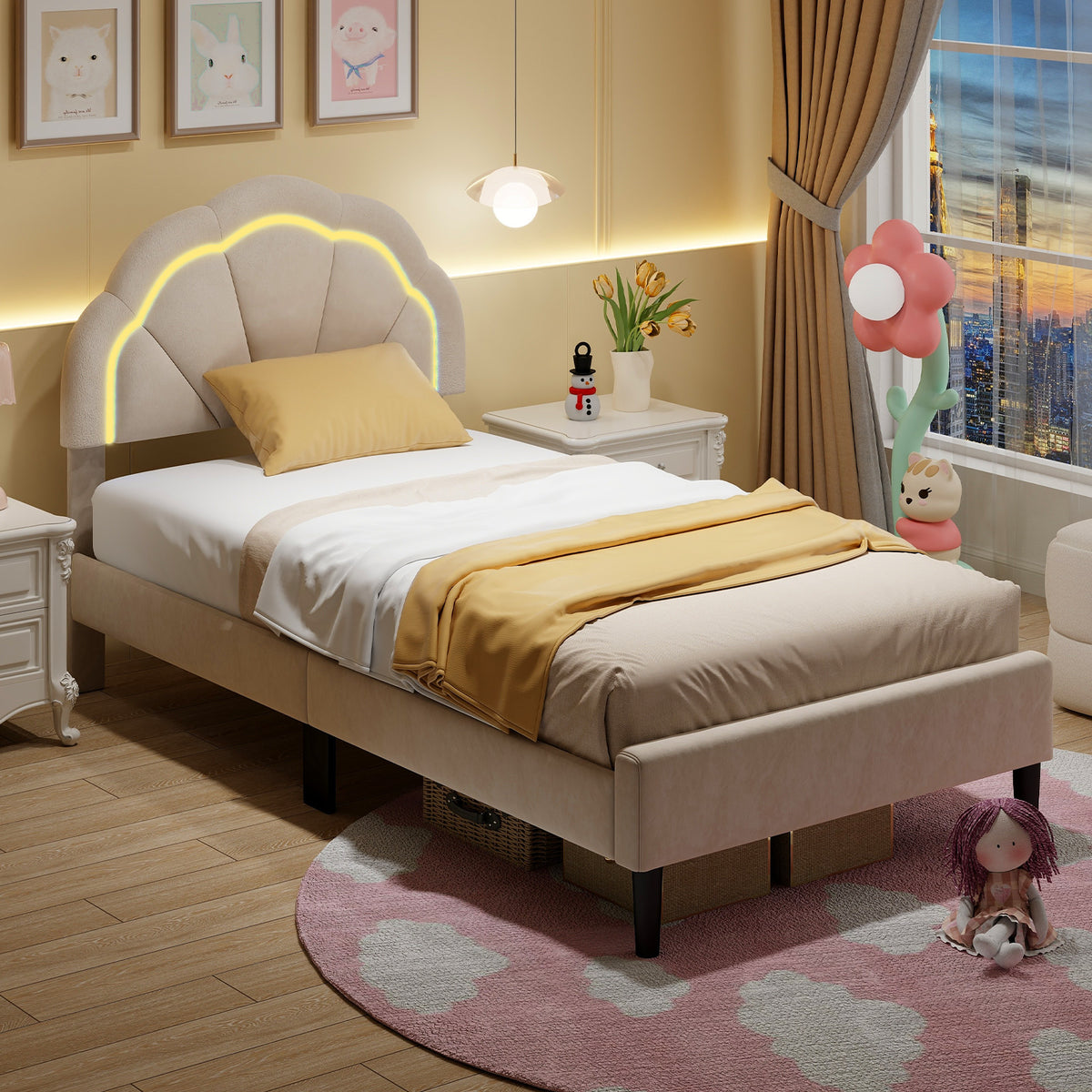 Upholstered LED Bed Frame with Adjustable Flower Headboard and Metal Support Feet-Trundle Bed Frame-DECOROLALA