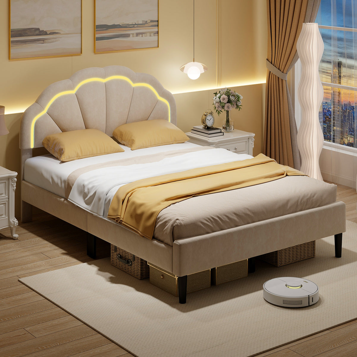 Upholstered LED Bed Frame with Adjustable Flower Headboard and Metal Support Feet-Trundle Bed Frame-DECOROLALA