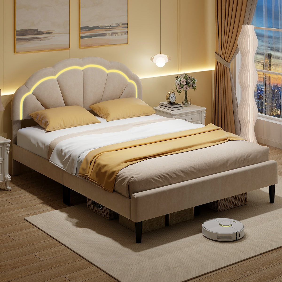 Upholstered LED Bed Frame with Adjustable Flower Headboard and Metal Support Feet-Trundle Bed Frame-DECOROLALA