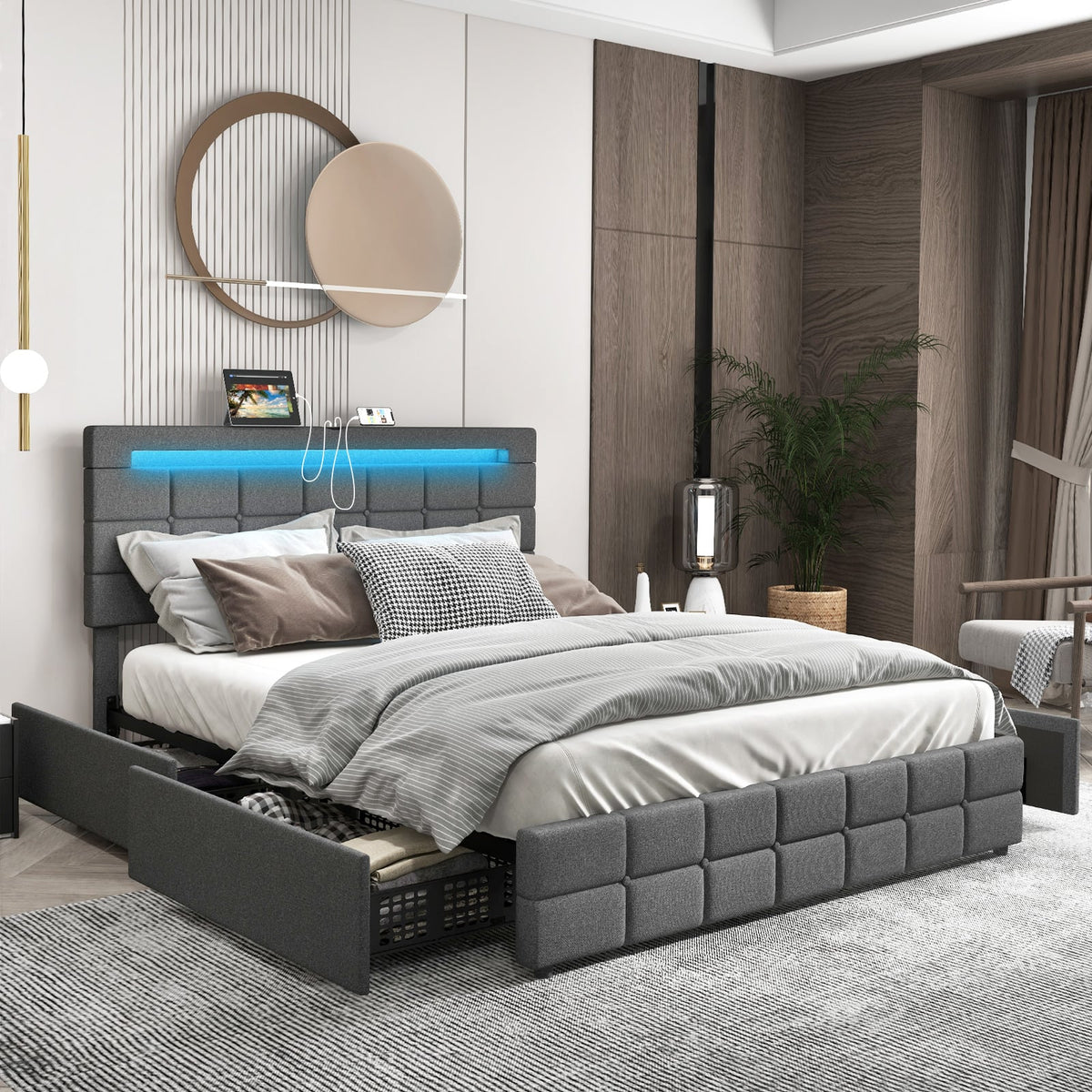 Upholstered LED Bed Frame with Headboard and 4 Drawers-Full Size-Simple Bed Frame-DECOROLALA