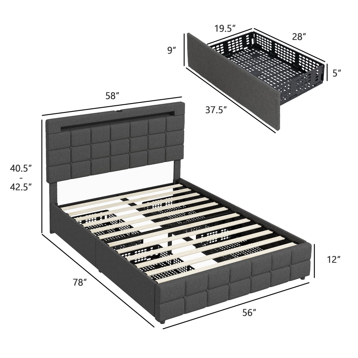 Upholstered LED Bed Frame with Headboard and 4 Drawers-Full Size-Simple Bed Frame-DECOROLALA