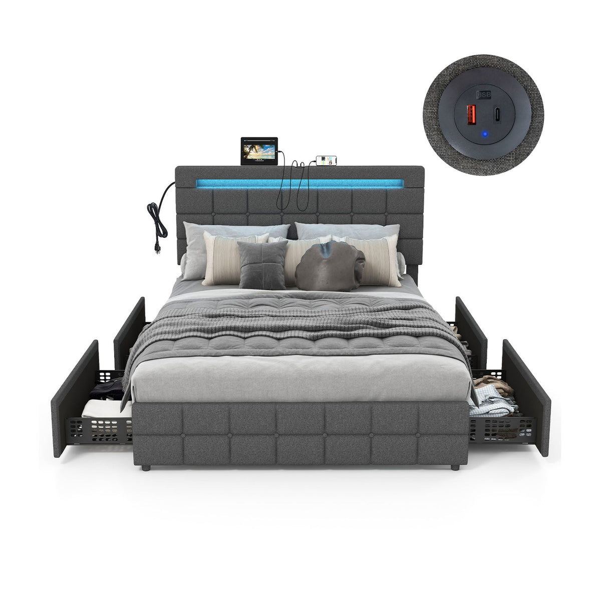 Upholstered LED Bed Frame with Headboard and 4 Drawers-Full Size-Simple Bed Frame-DECOROLALA