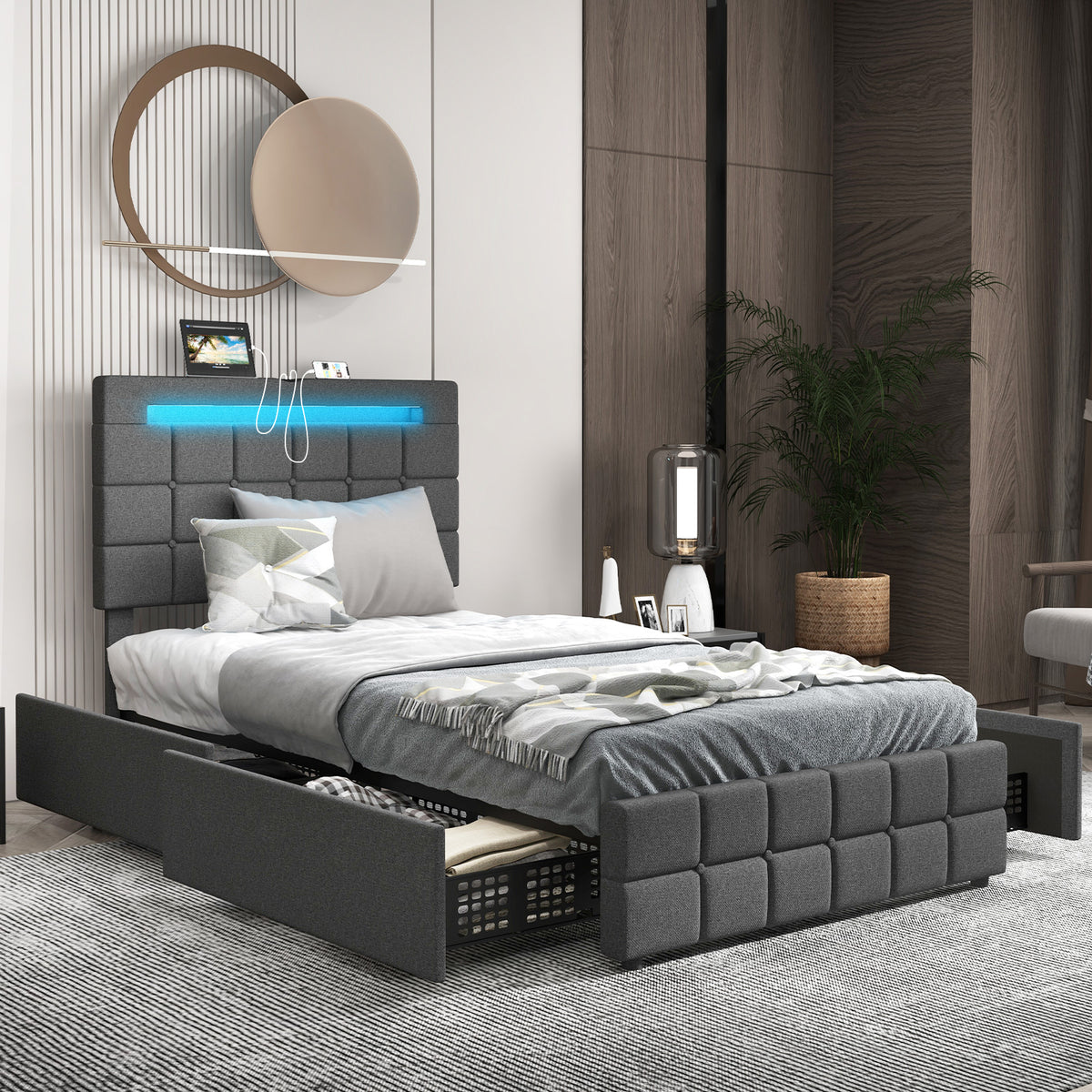 Upholstered LED Bed Frame with Headboard and 4 Drawers-Twin Size-Simple Bed Frame-DECOROLALA