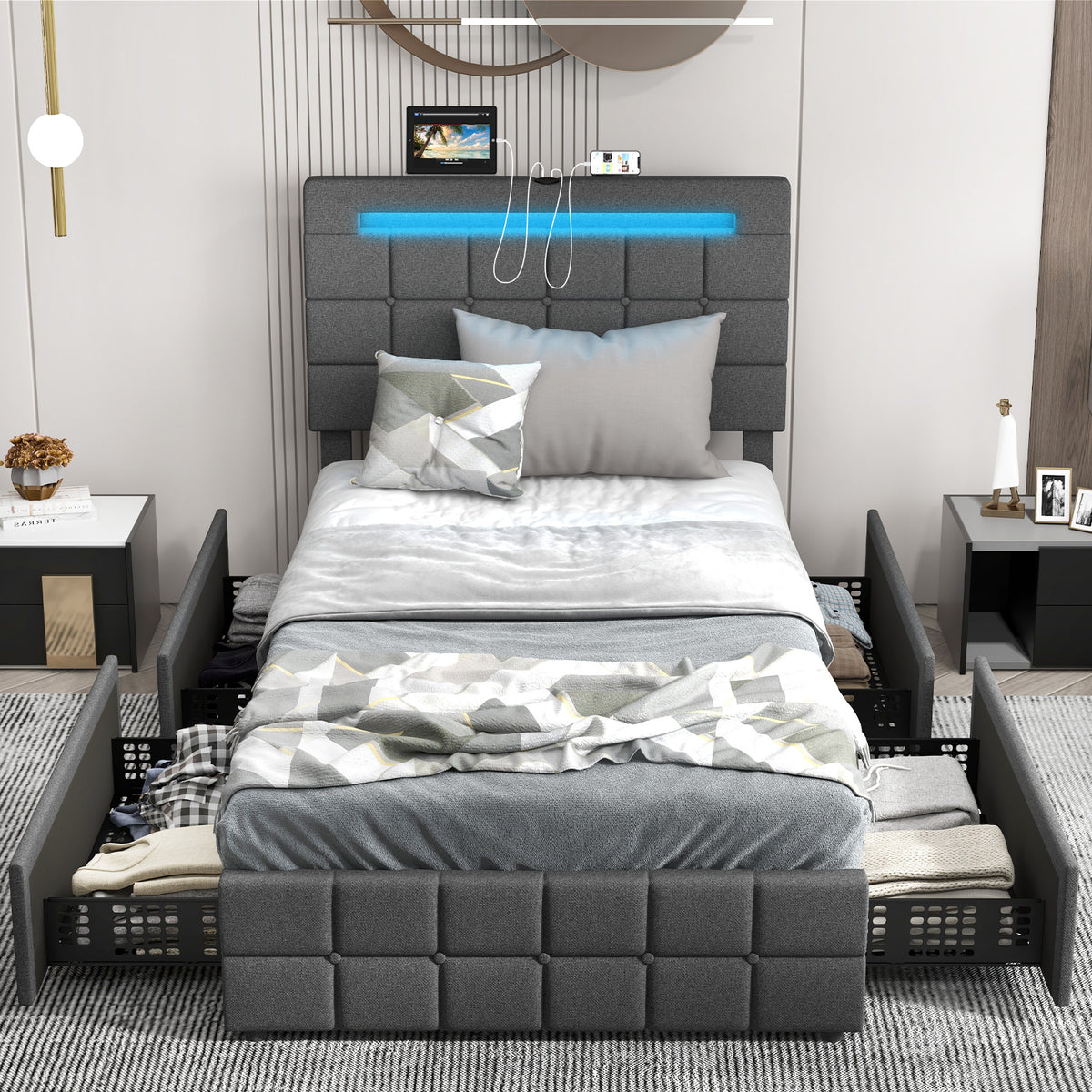 Upholstered LED Bed Frame with Headboard and 4 Drawers-Twin Size-Simple Bed Frame-DECOROLALA