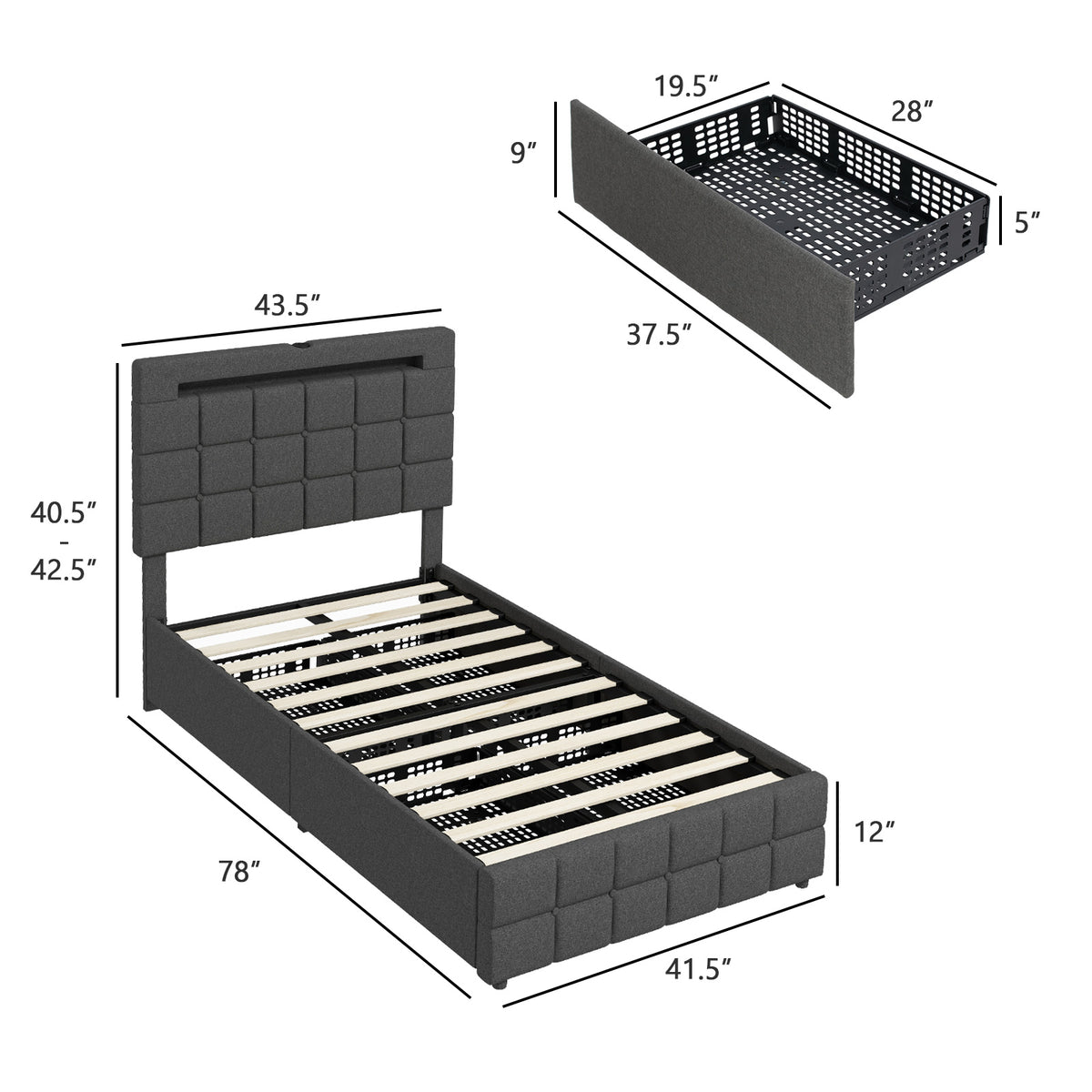 Upholstered LED Bed Frame with Headboard and 4 Drawers-Twin Size-Simple Bed Frame-DECOROLALA
