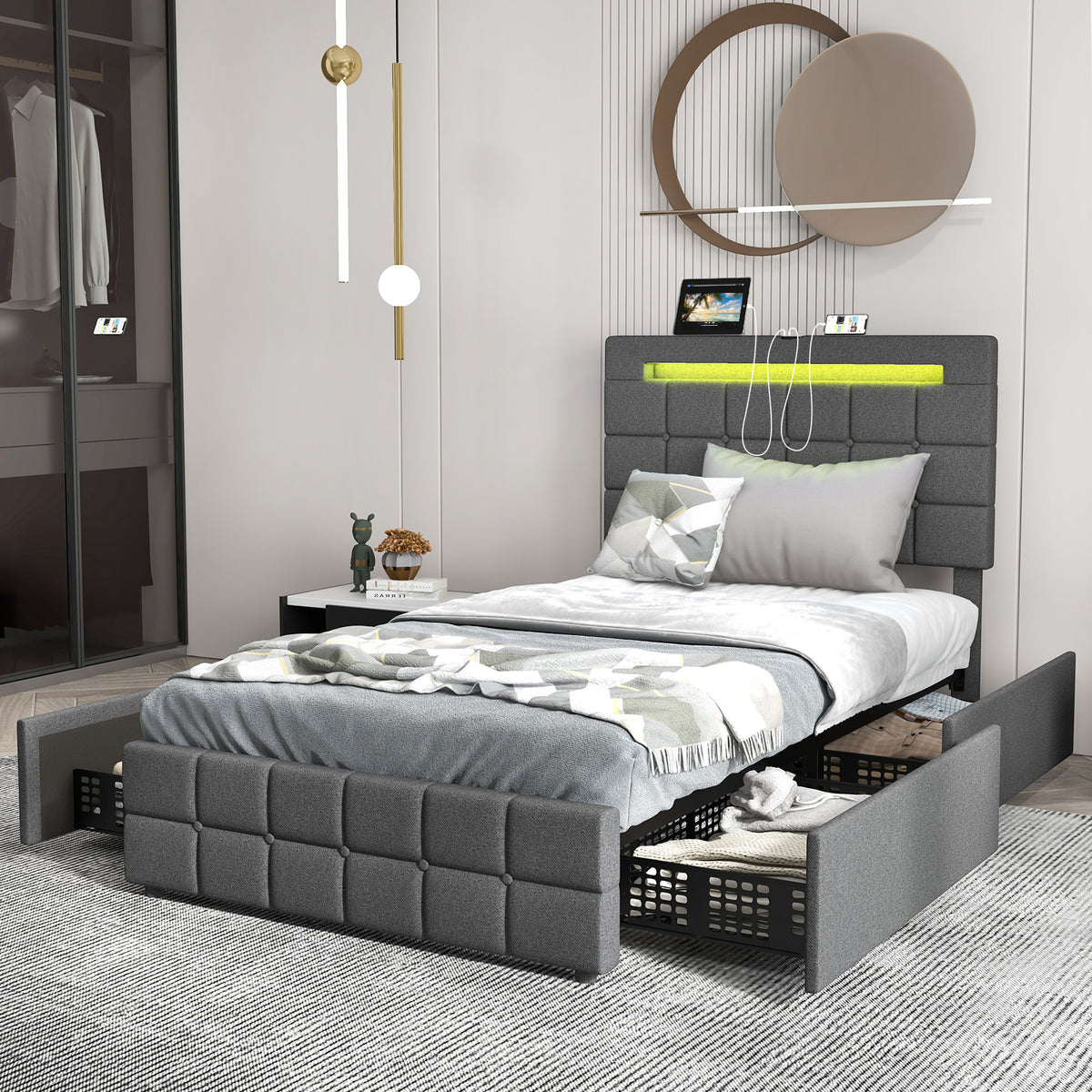 Upholstered LED Bed Frame with Headboard and 4 Drawers-Twin Size-Simple Bed Frame-DECOROLALA