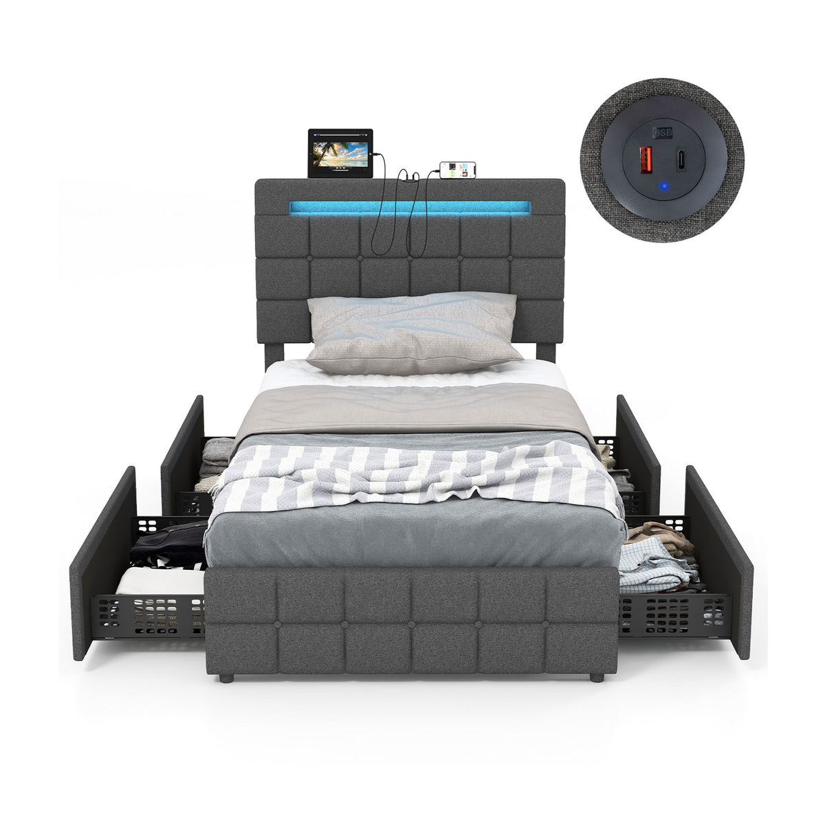 Upholstered LED Bed Frame with Headboard and 4 Drawers-Twin Size-Simple Bed Frame-DECOROLALA