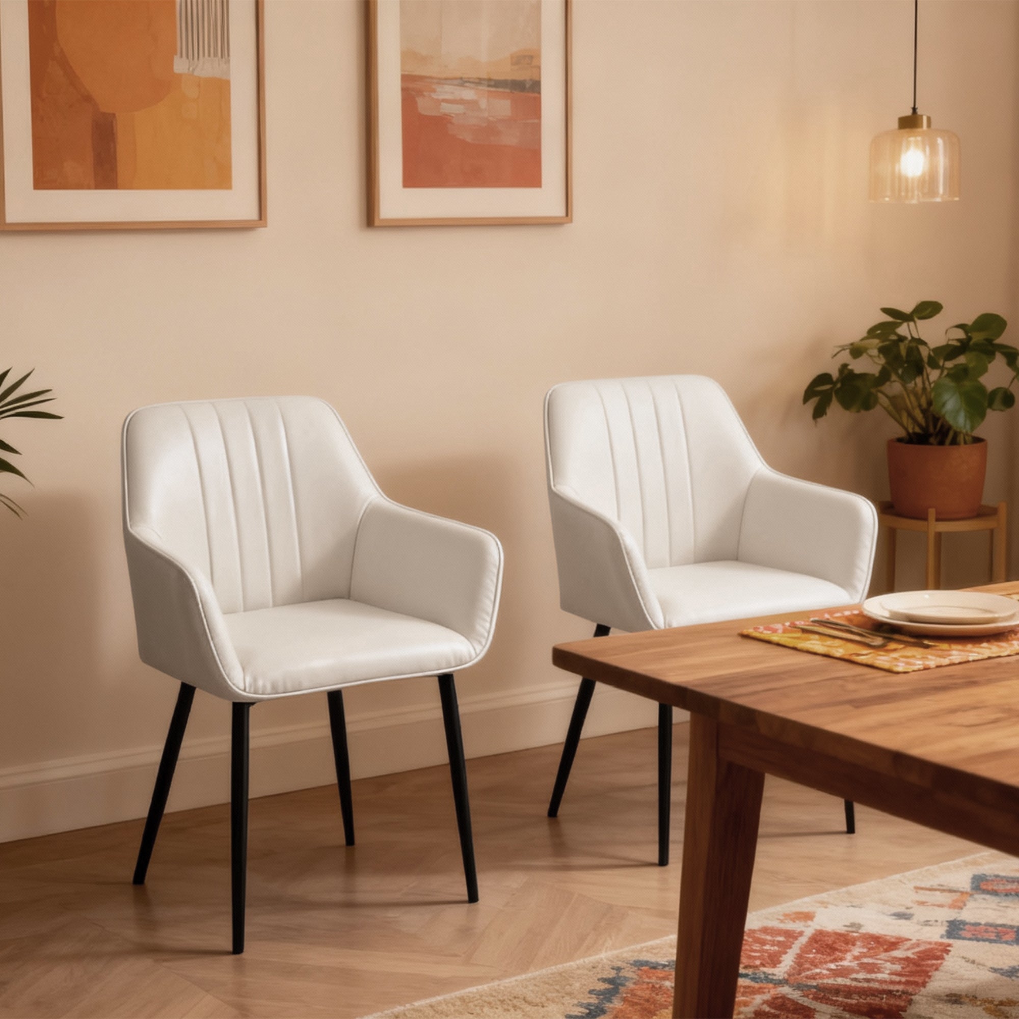 Upholstered Linen Dining Chairs Set, Beige, Metal Legs, 2-Pack-DECOROLALA