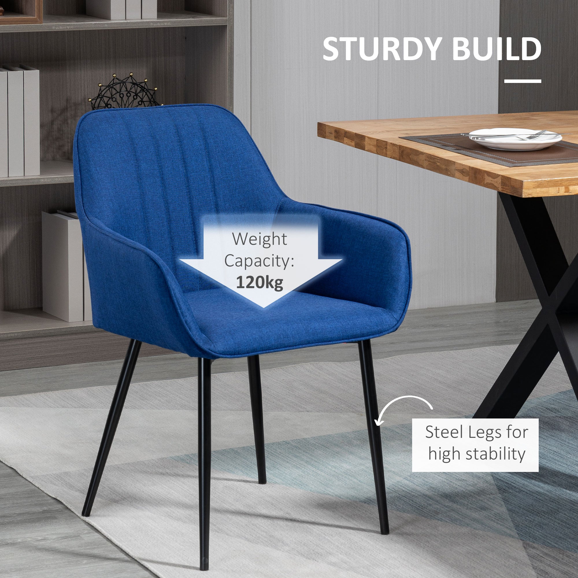 Upholstered Linen Dining Chairs Set of 2, Dark Blue Metal Legs-DECOROLALA