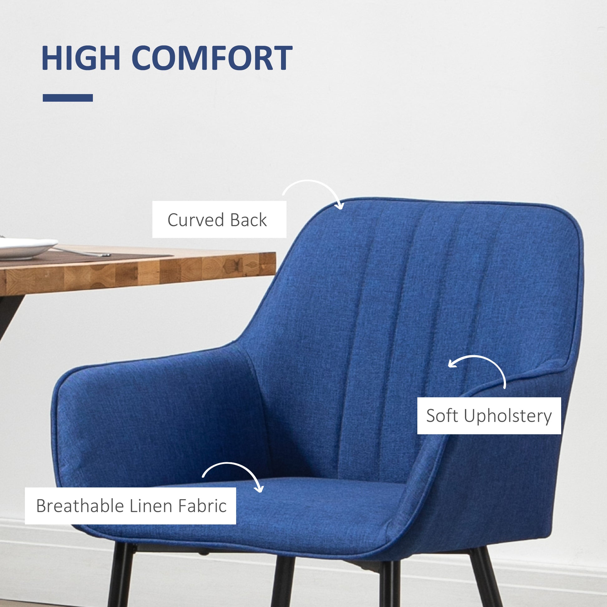 Upholstered Linen Dining Chairs Set of 2, Dark Blue Metal Legs-DECOROLALA