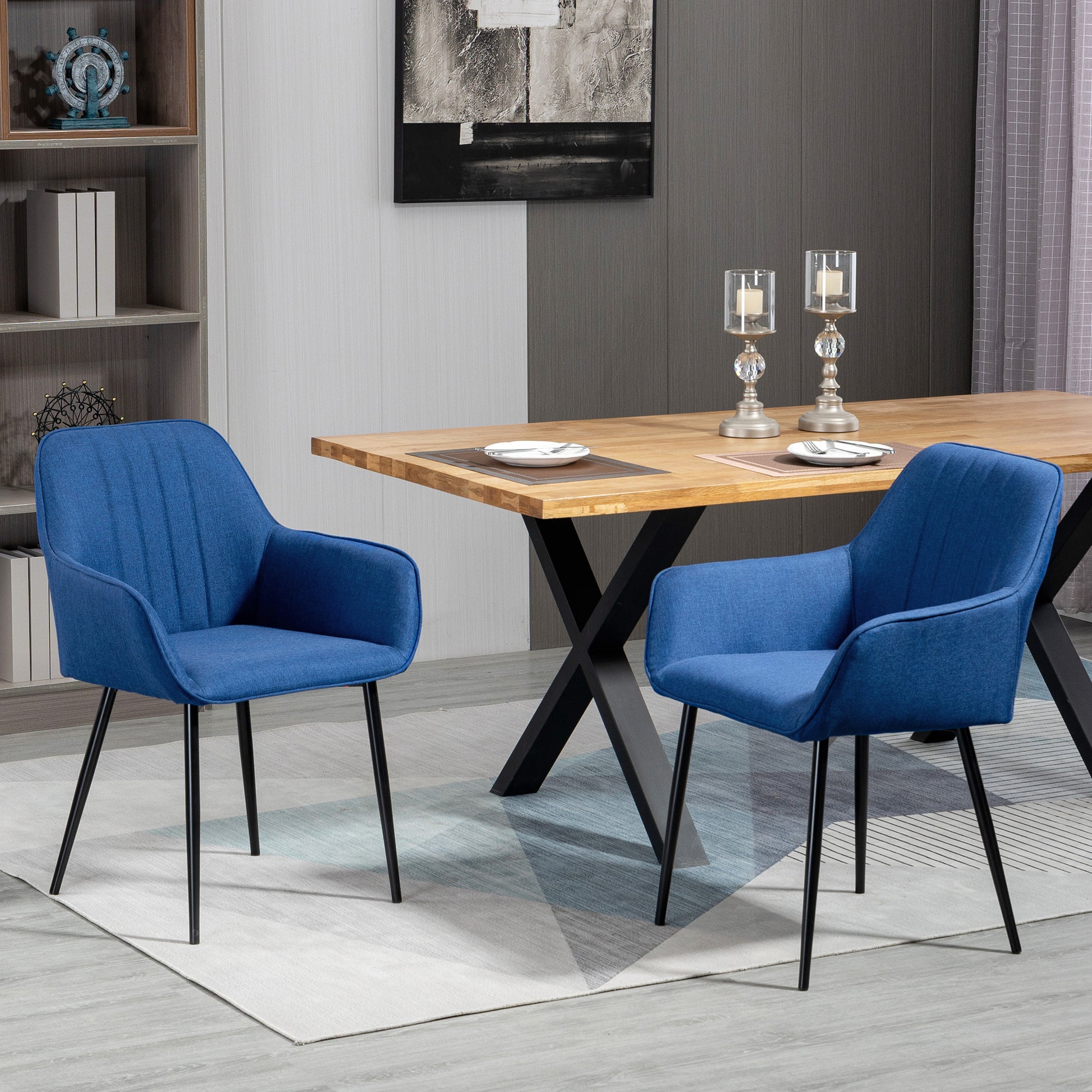 Upholstered Linen Dining Chairs Set of 2, Dark Blue Metal Legs-DECOROLALA