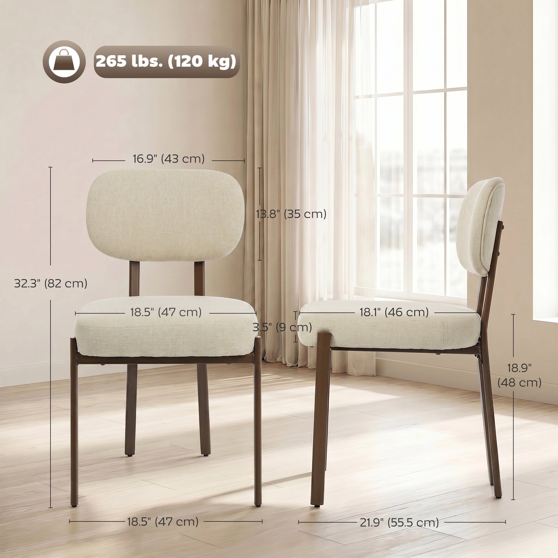 Upholstered Linen Fabric Kitchen Chairs, Modern Dining Chairs Set of 2 with Metal Legs, Beige-Home Furnishings > Kitchen & Dining Furniture > Dining Chairs-DECOROLALA