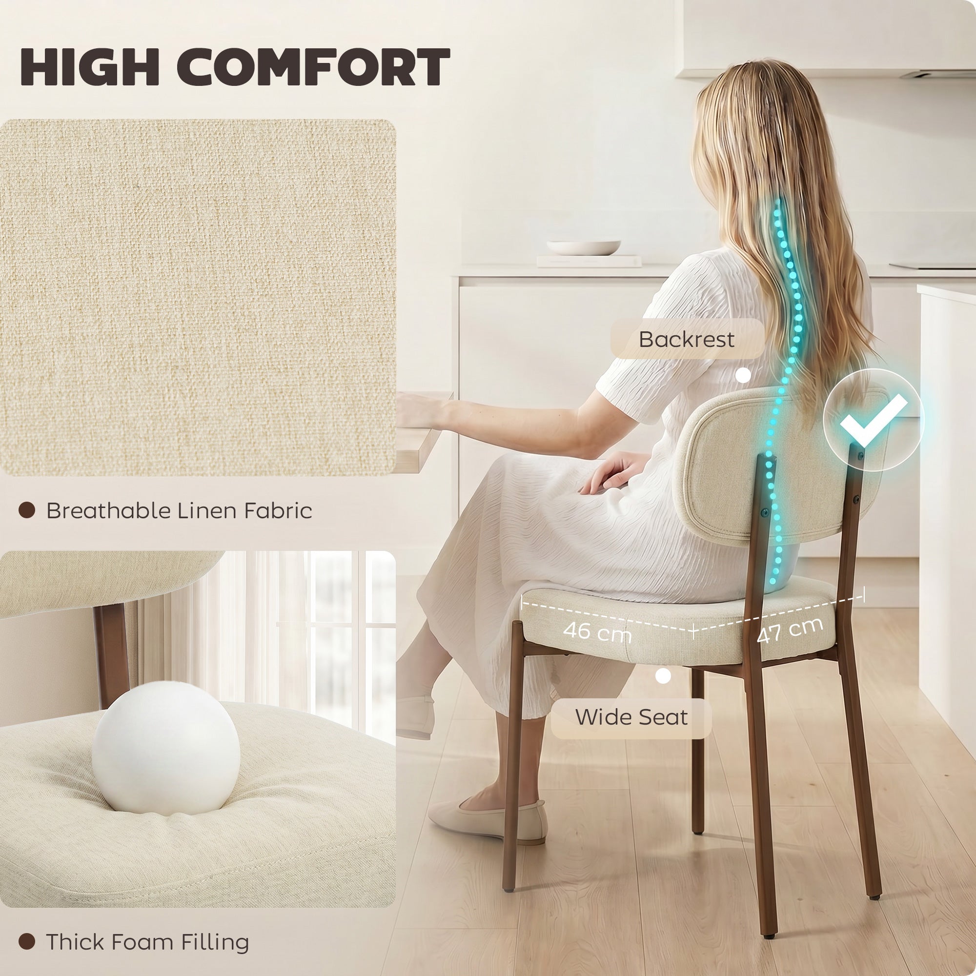 Upholstered Linen Fabric Kitchen Chairs, Modern Dining Chairs Set of 2 with Metal Legs, Beige-Home Furnishings > Kitchen & Dining Furniture > Dining Chairs-DECOROLALA