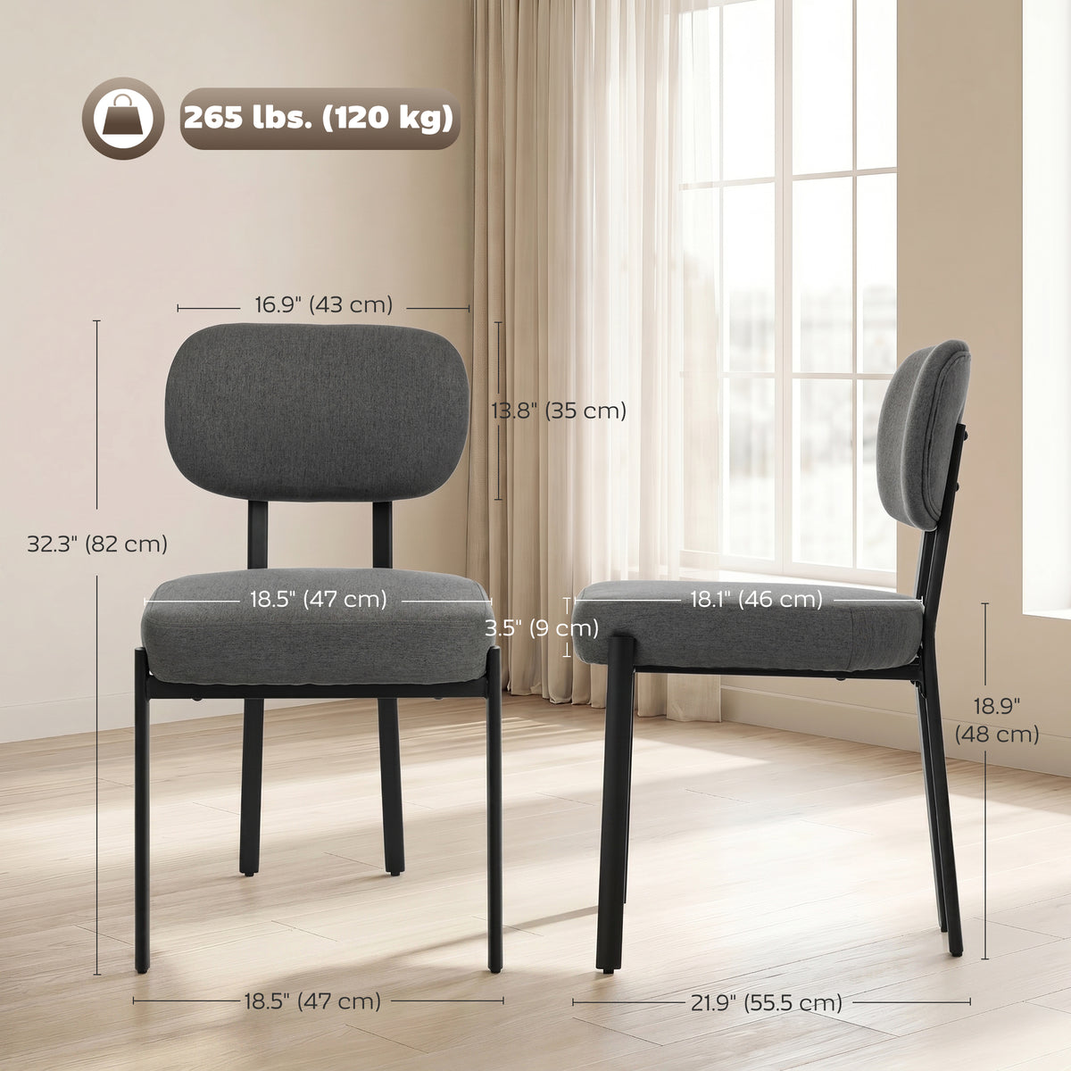 Upholstered Linen Fabric Kitchen Chairs, Modern Dining Chairs Set of 2 with Metal Legs, Grey-Dining Chairs-DECOROLALA