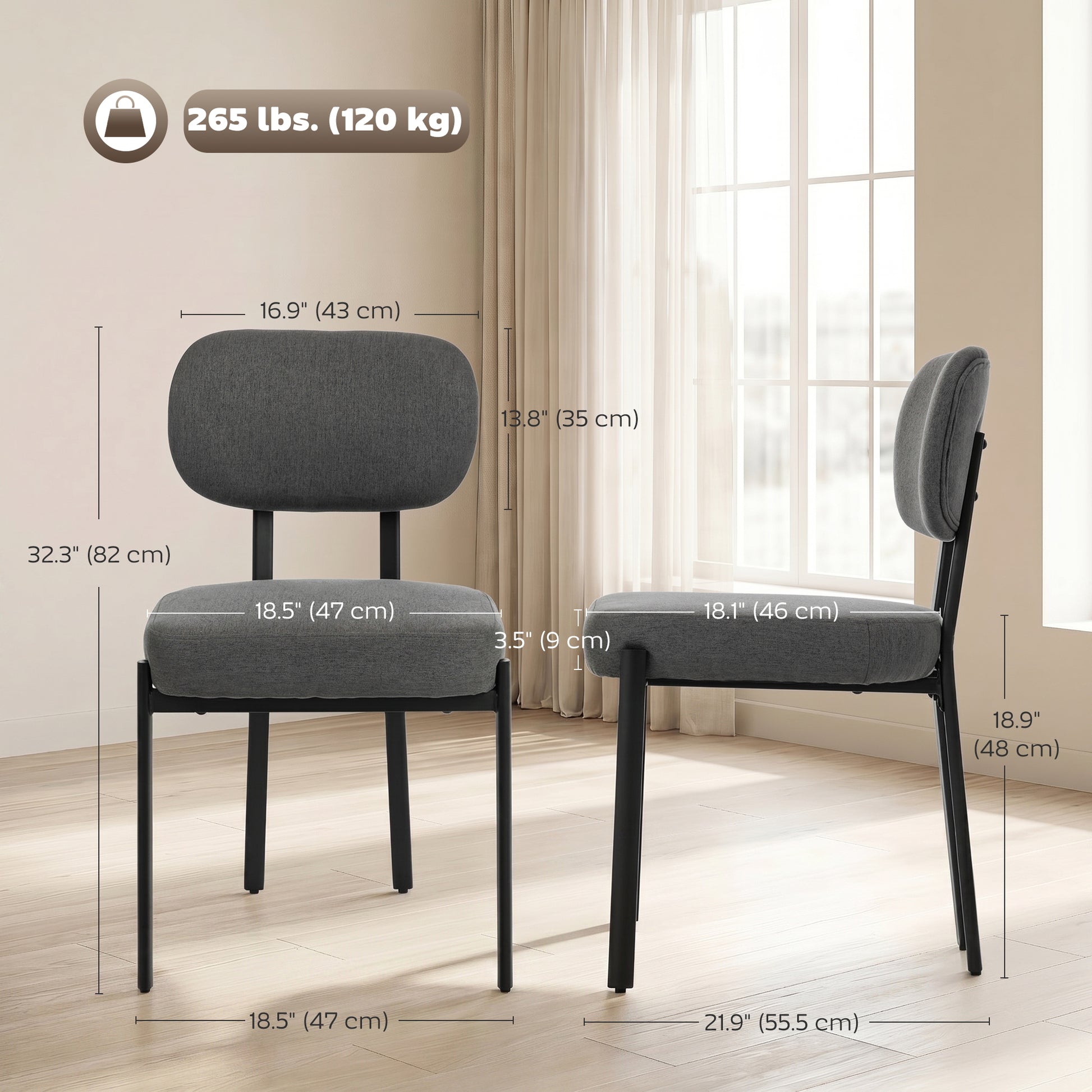 Upholstered Linen Fabric Kitchen Chairs, Modern Dining Chairs Set of 2 with Metal Legs, Grey-Home Furnishings > Kitchen & Dining Furniture > Dining Chairs-DECOROLALA