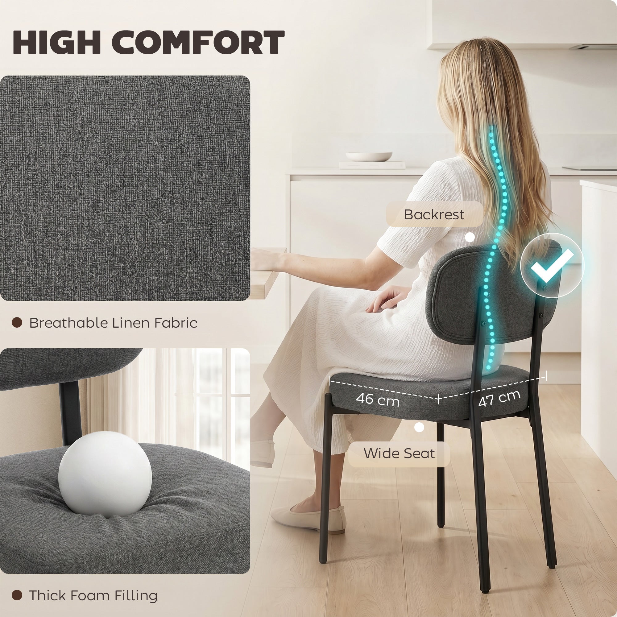 Upholstered Linen Fabric Kitchen Chairs, Modern Dining Chairs Set of 2 with Metal Legs, Grey-Home Furnishings > Kitchen & Dining Furniture > Dining Chairs-DECOROLALA
