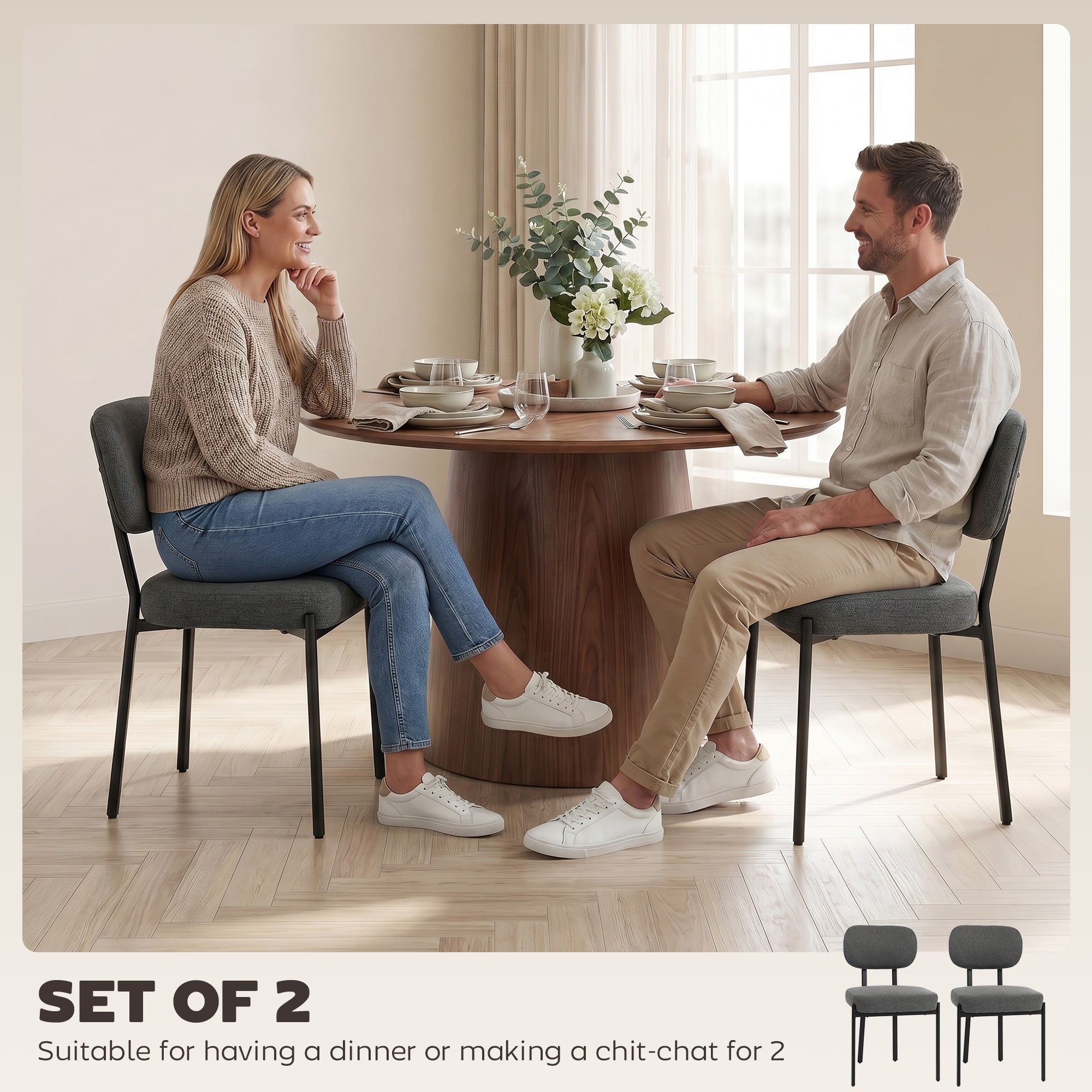 Upholstered Linen Fabric Kitchen Chairs, Modern Dining Chairs Set of 2 with Metal Legs, Grey-Home Furnishings > Kitchen & Dining Furniture > Dining Chairs-DECOROLALA