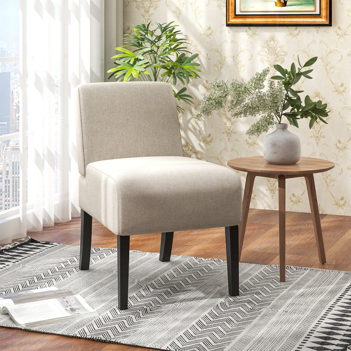 Upholstered Living Room Chair with Rubber Wood Legs-Beige-Dining Chairs-DECOROLALA