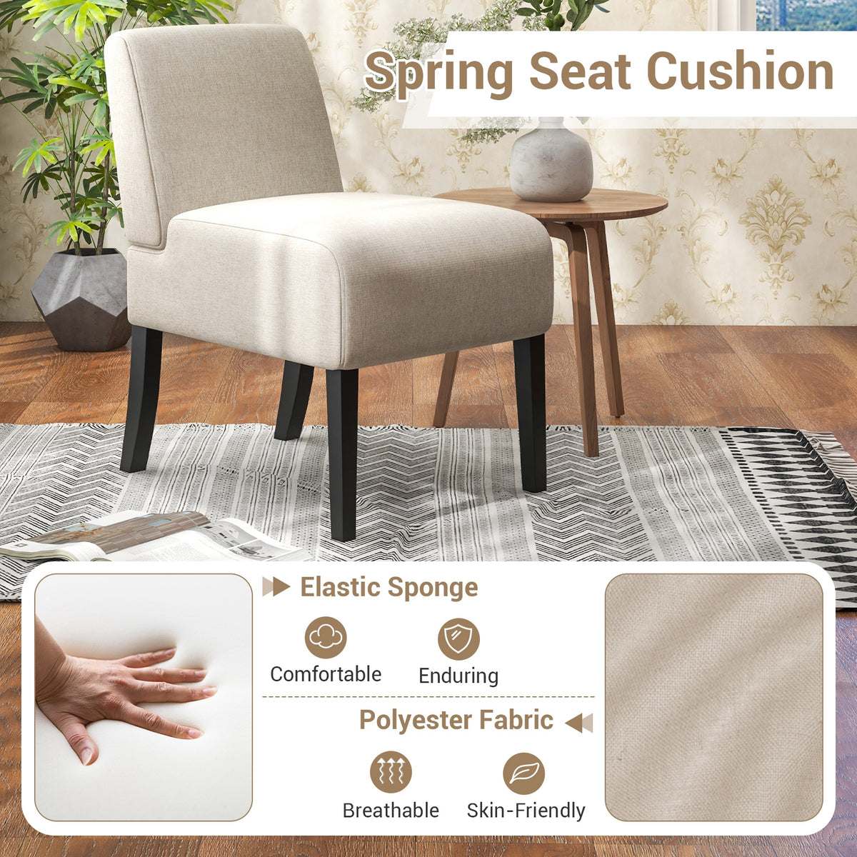 Upholstered Living Room Chair with Rubber Wood Legs-Beige-Dining Chairs-DECOROLALA