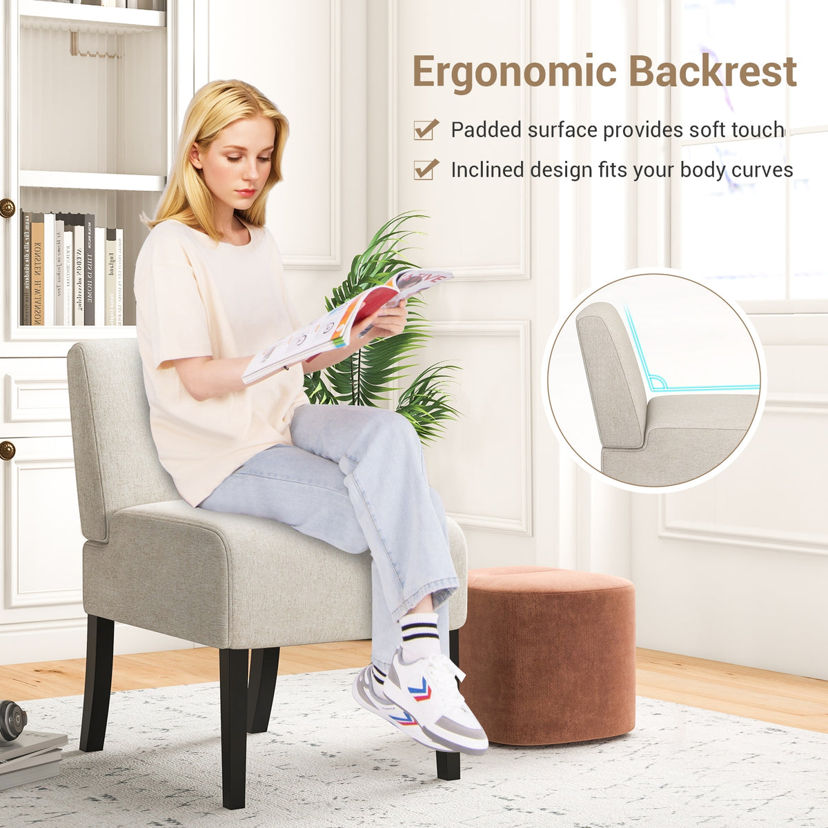 Upholstered Living Room Chair with Rubber Wood Legs-Beige-Dining Chairs-DECOROLALA