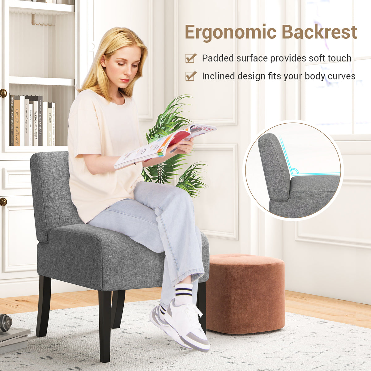 Upholstered Living Room Chair with Rubber Wood Legs-Dark Gray-Dining Chairs-DECOROLALA