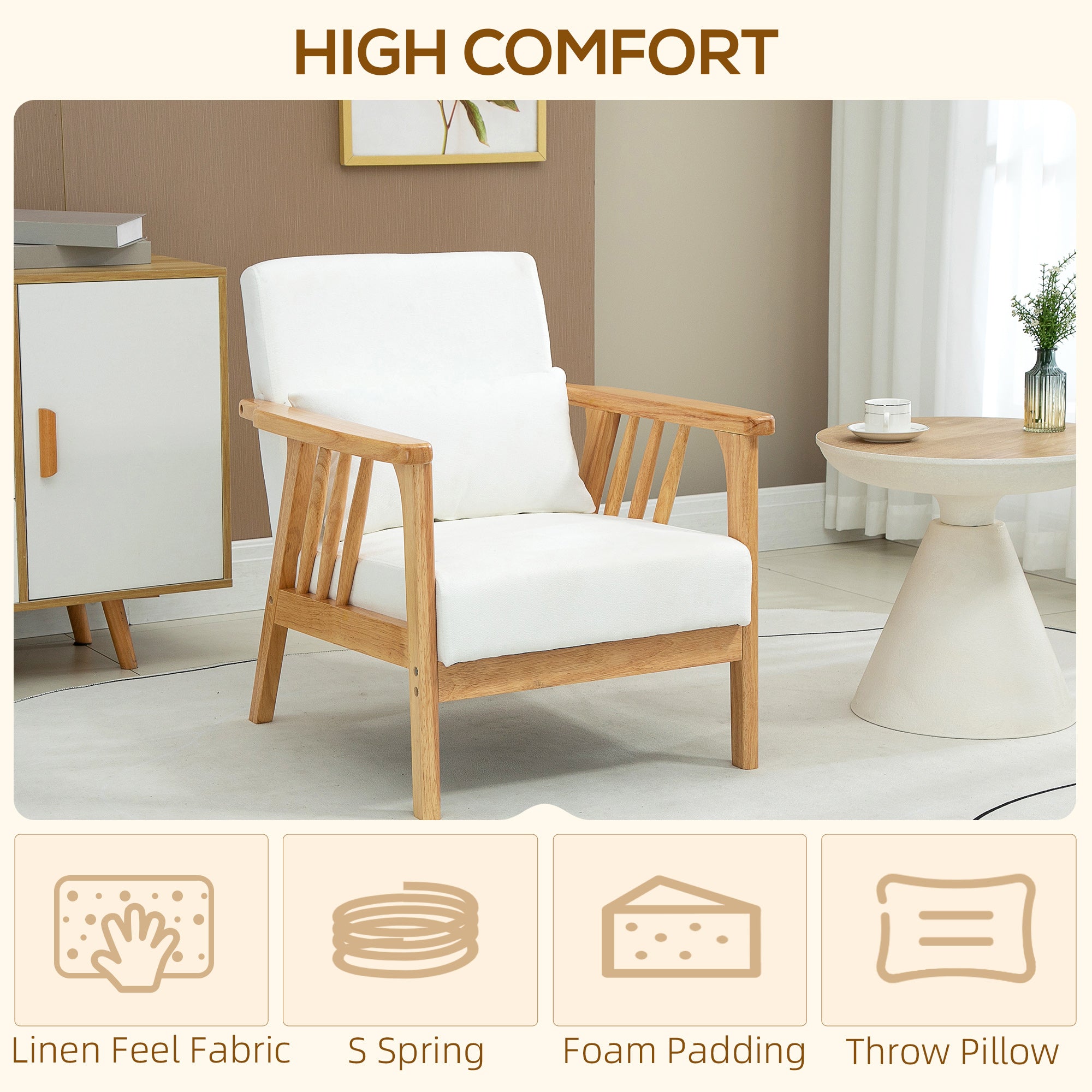 Upholstered Lounge Chair, Cream Velvet, Rubber Wood Frame, 26.8"W x 29.5"D x 30.7"H-DECOROLALA