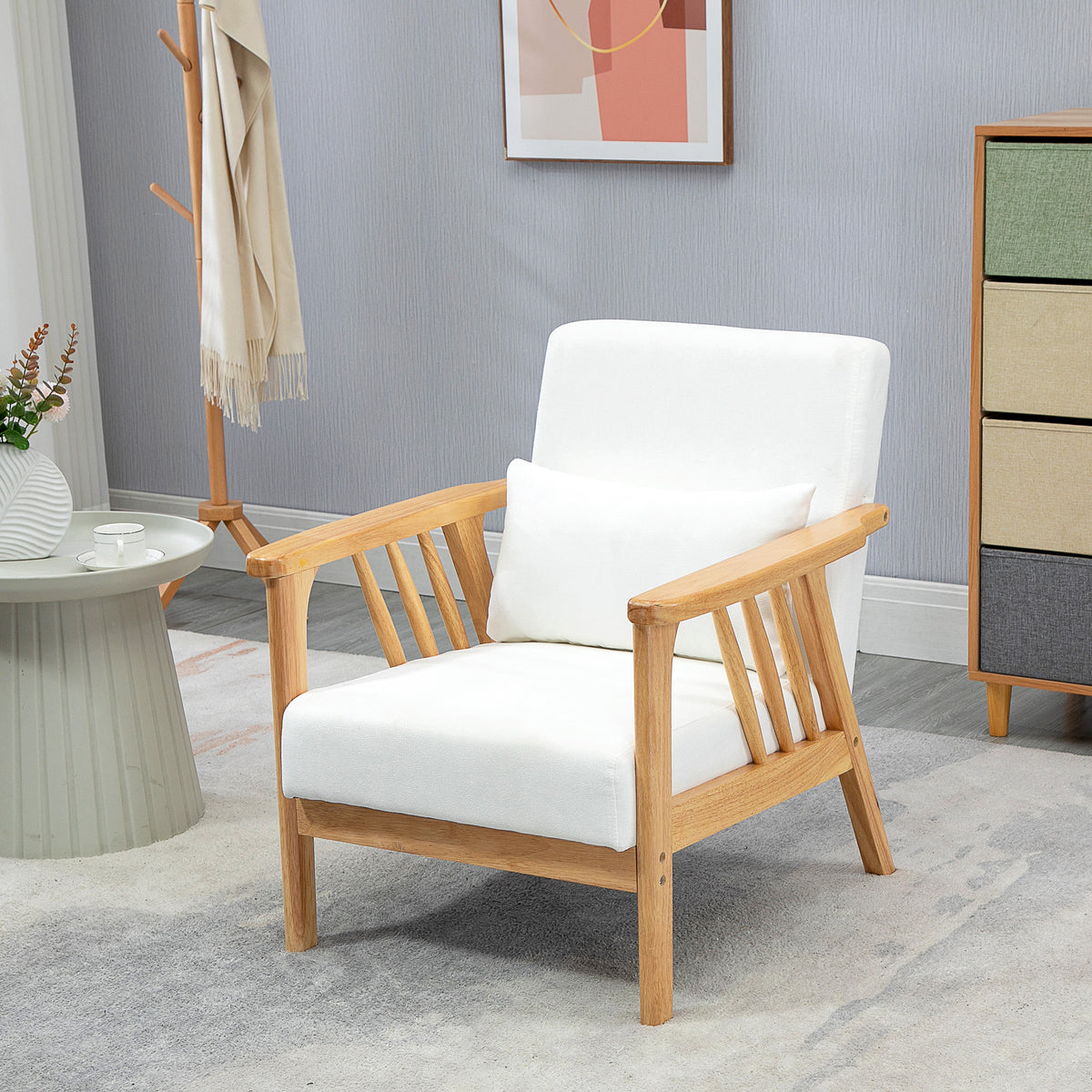 Upholstered Lounge Chair, Cream Velvet, Rubber Wood Frame, 26.8"W x 29.5"D x 30.7"H-DECOROLALA