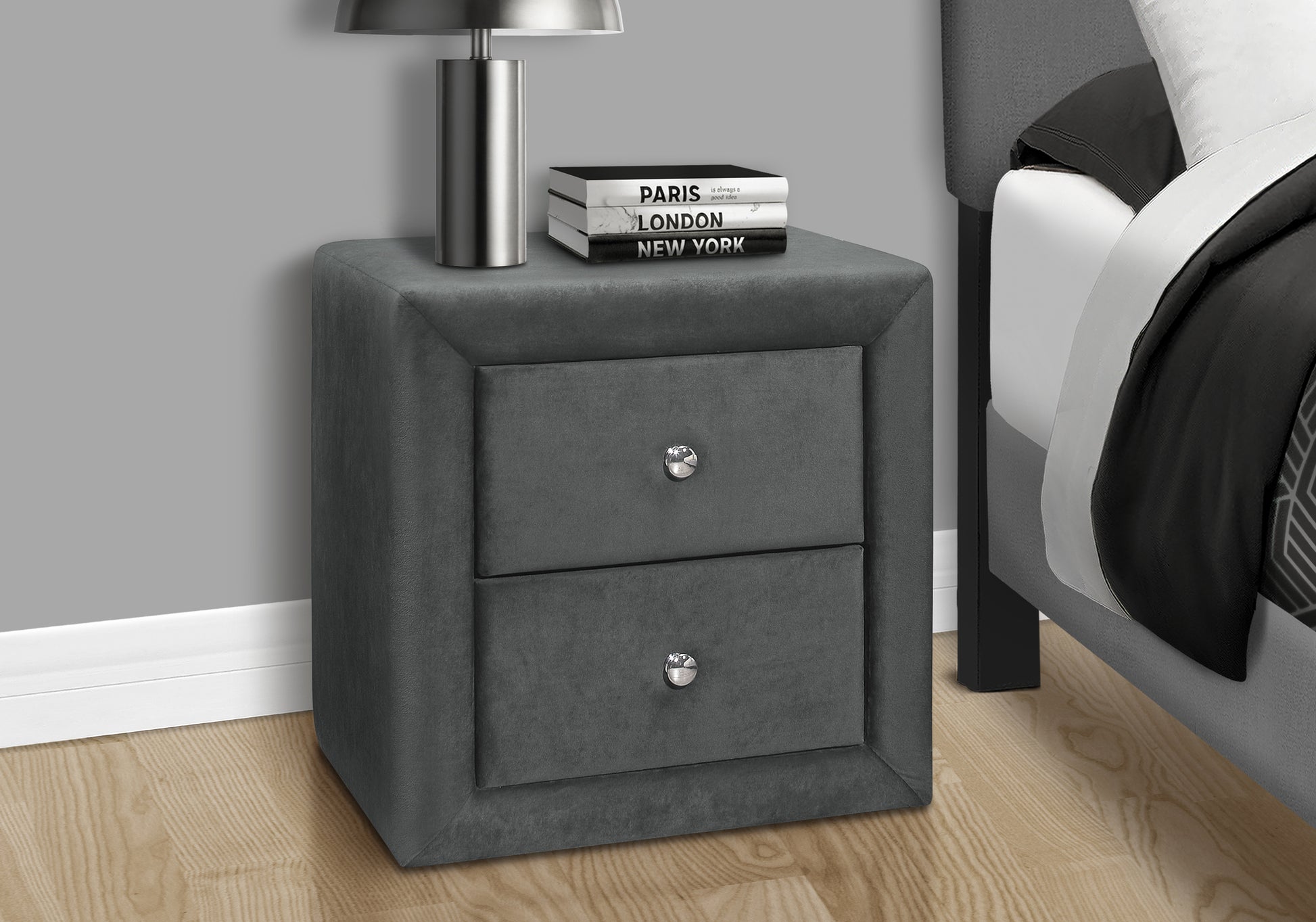 Upholstered Nightstand Grey Leather-Look 2-Drawer-Nighstand-DECOROLALA
