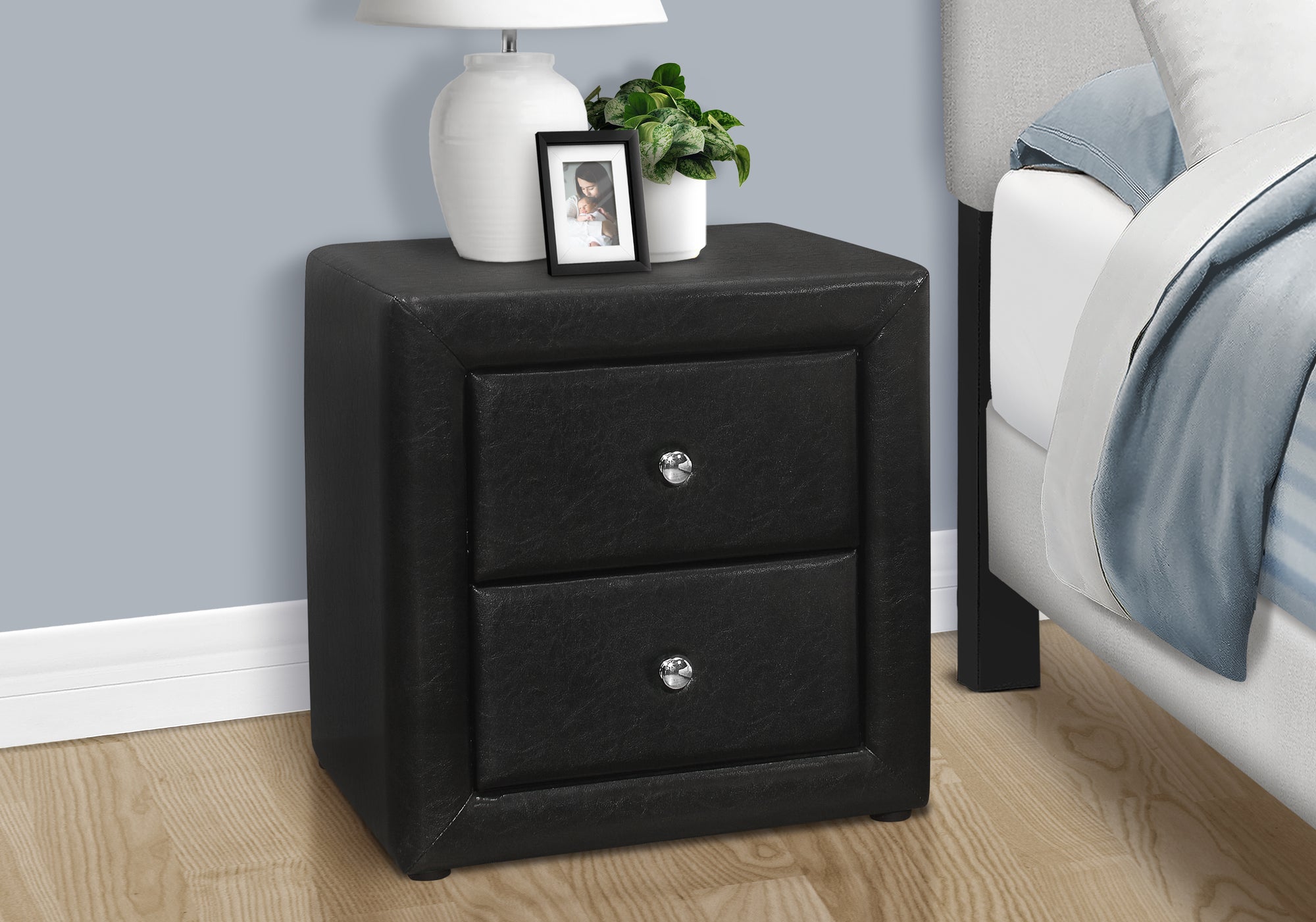 Upholstered Nightstand Grey Leather-Look 2-Drawer-Nighstand-DECOROLALA
